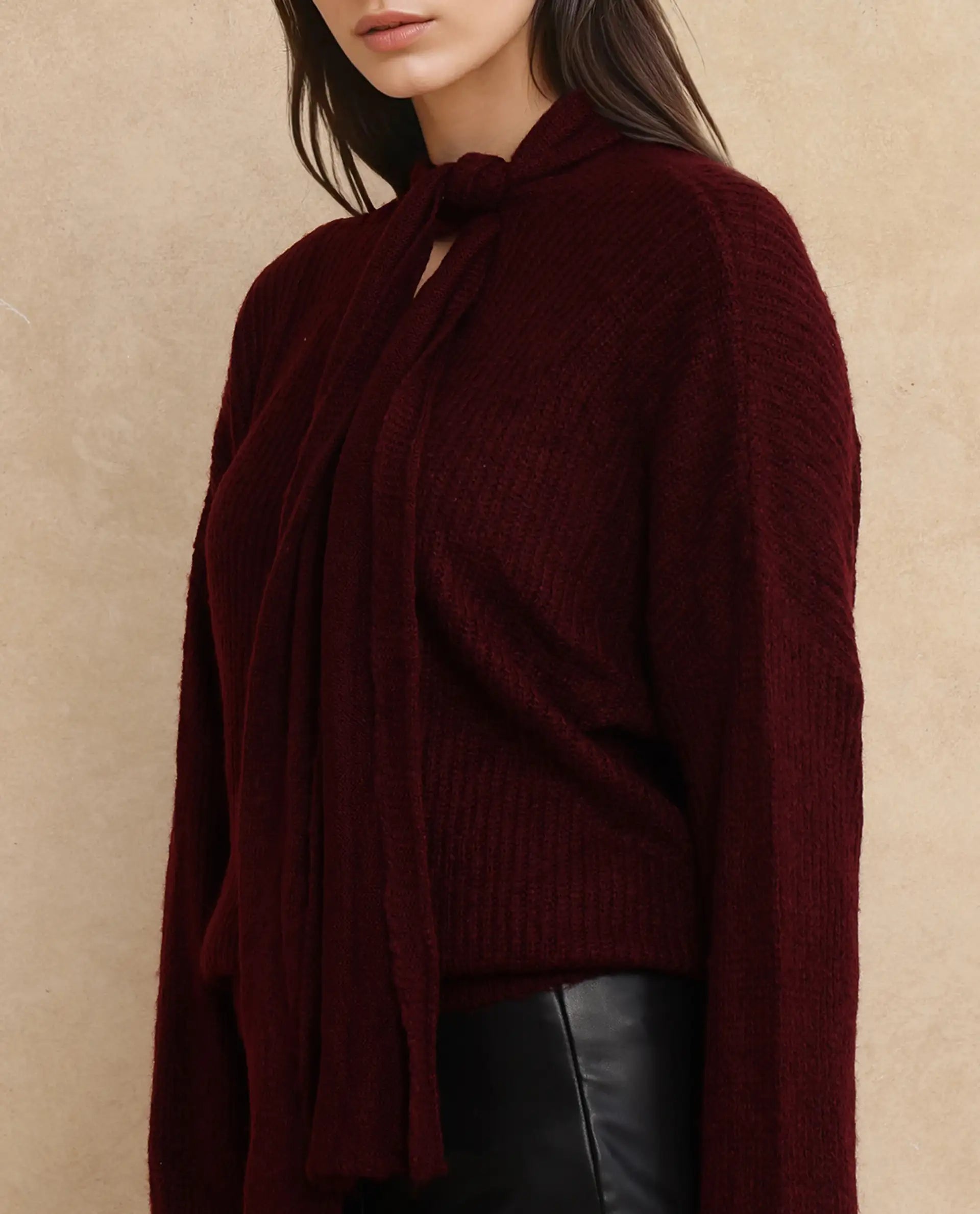 Rareism Women Buzz Maroon Acrylic Nylon Fabric Oversized Fit Plain Sweater