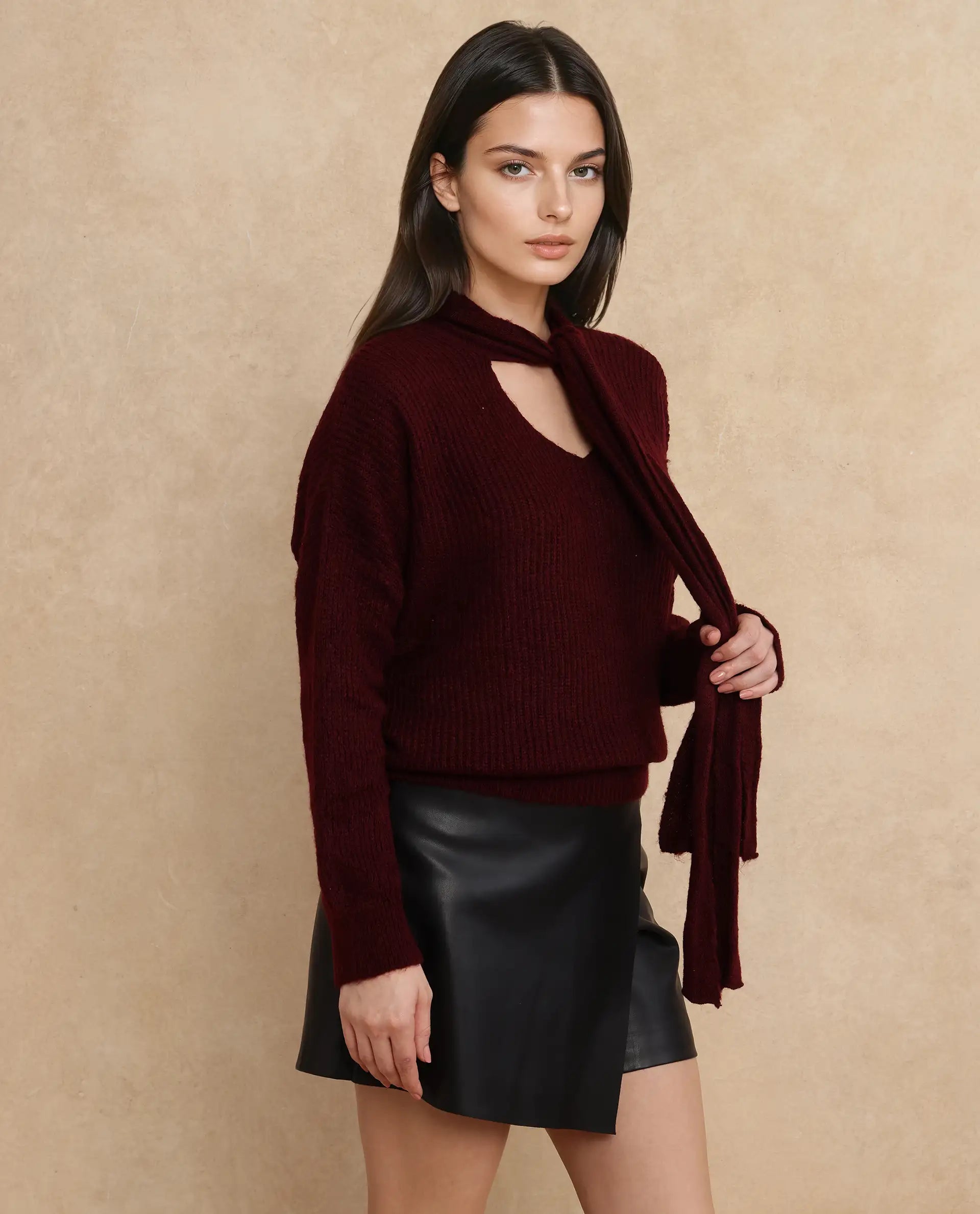 Rareism Women Buzz Maroon Acrylic Nylon Fabric Oversized Fit Plain Sweater