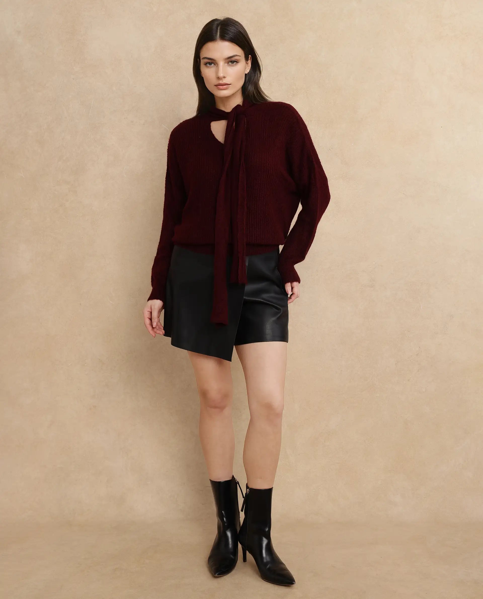 Rareism Women Buzz Maroon Acrylic Nylon Fabric Oversized Fit Plain Sweater