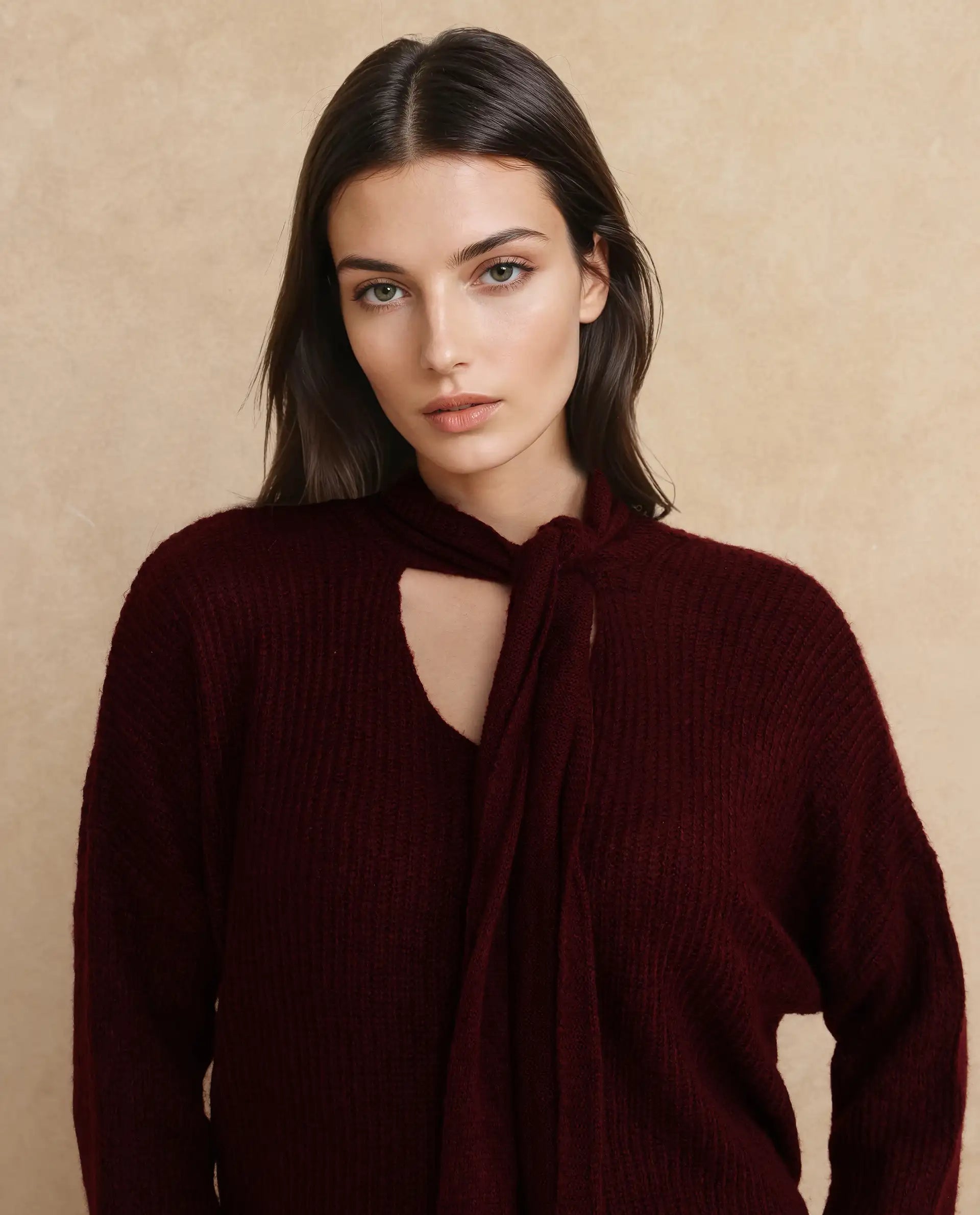 Rareism Women Buzz Maroon Acrylic Nylon Fabric Oversized Fit Plain Sweater