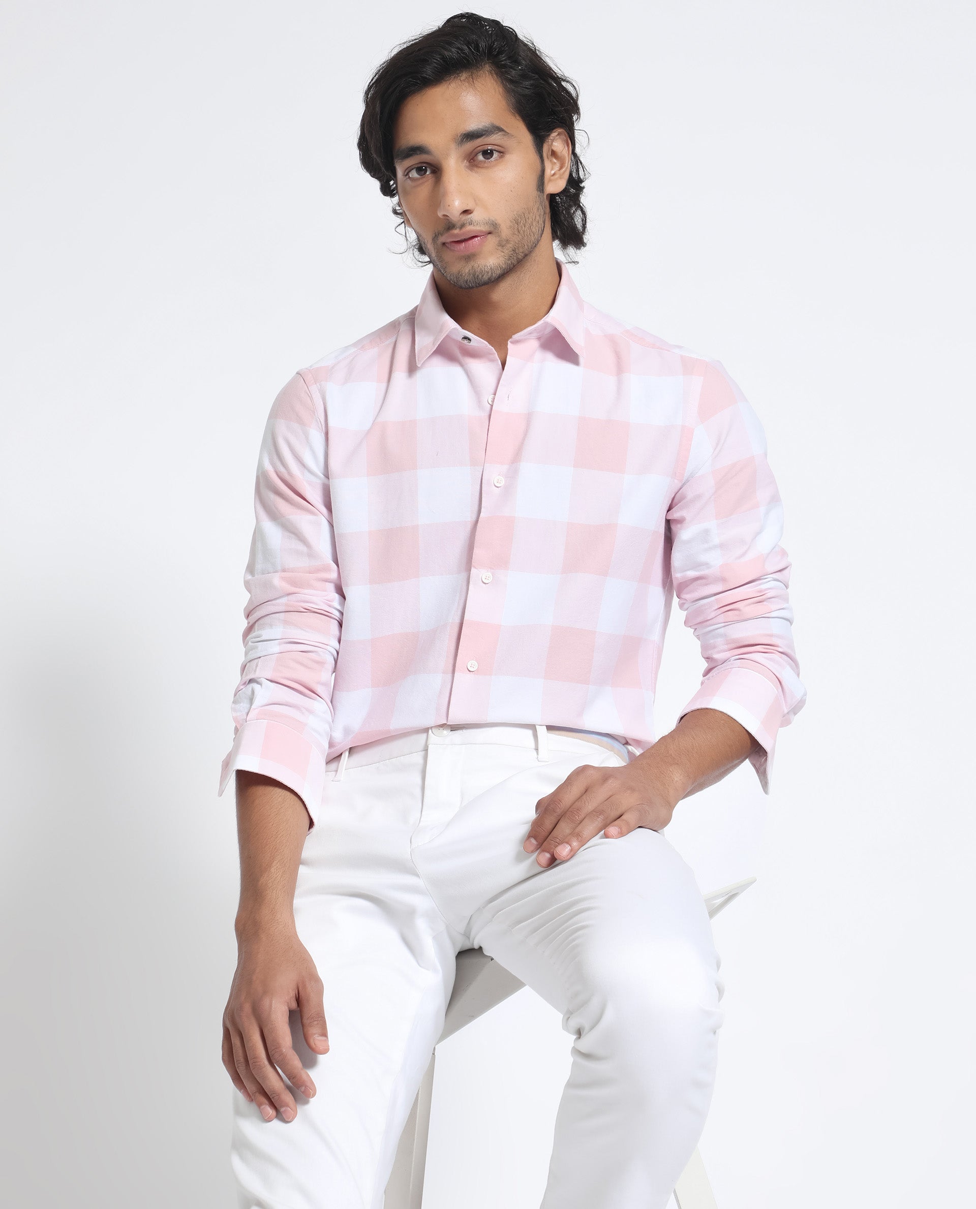 Rare Rabbit Men's Byre Light Pink Full Sleeves Checks Shirt