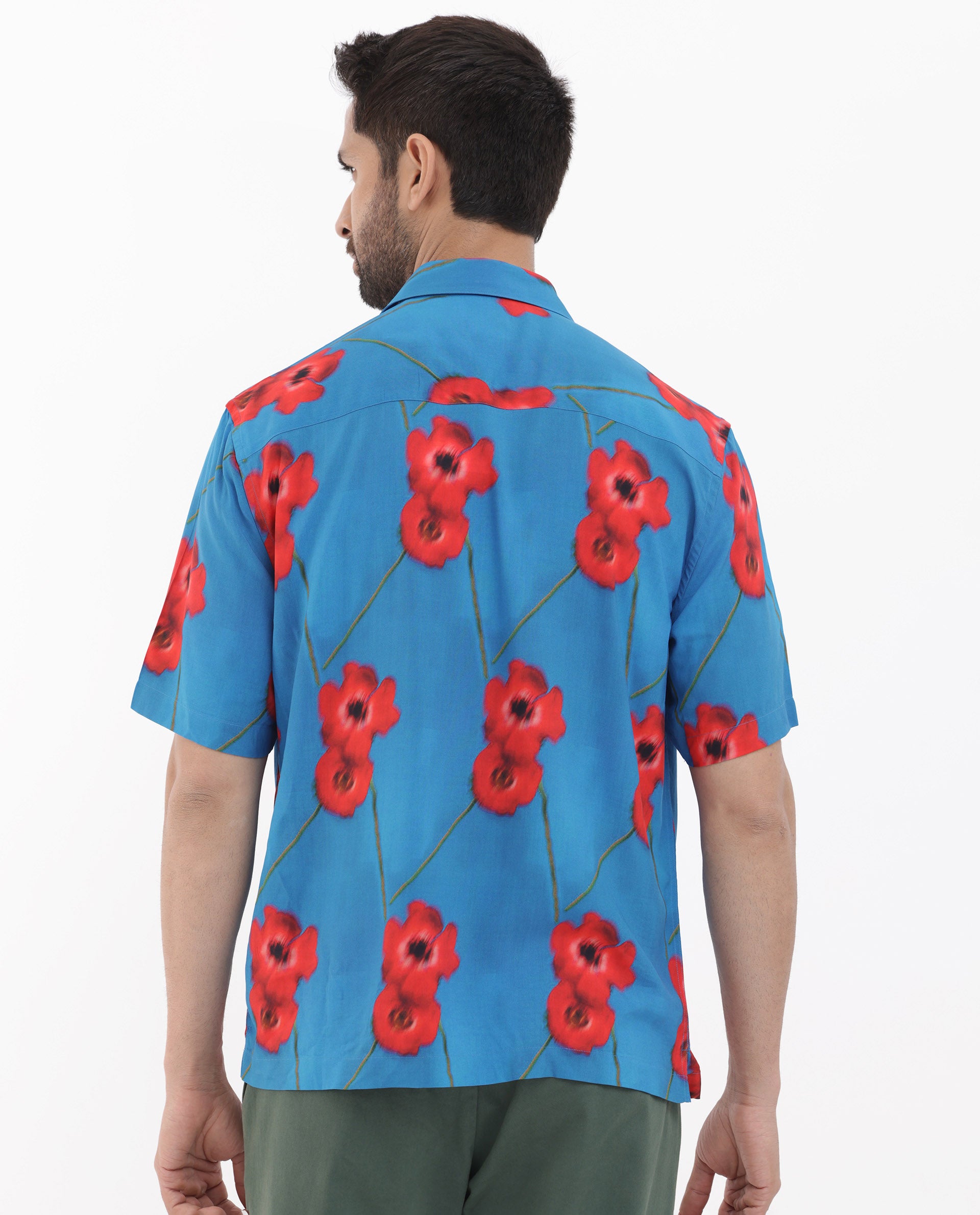 Rare Rabbit Mens Bloomer Flouroscent Blue Viscose Fabric Short Sleeve Boxy Fit Floral Print Shirt