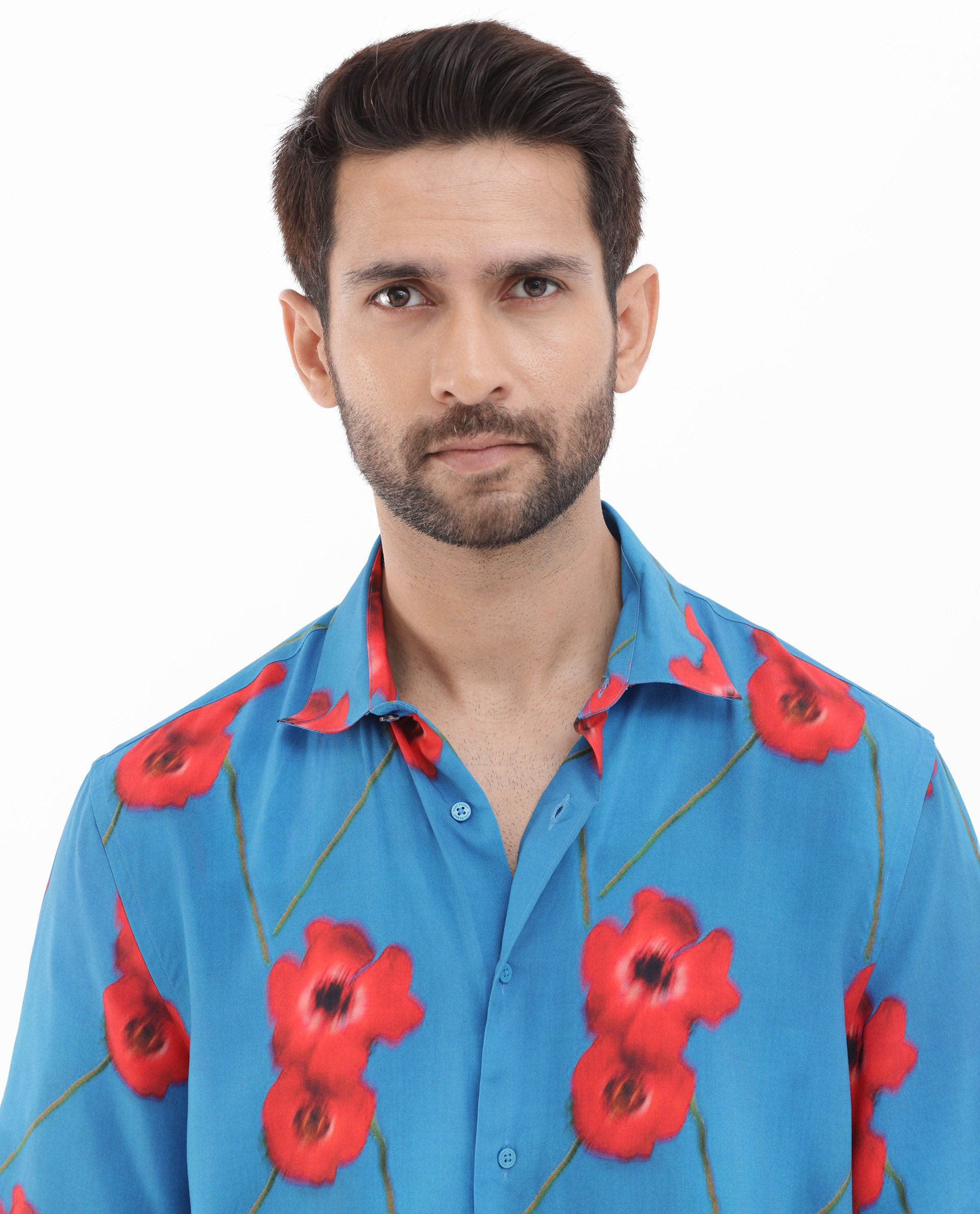 Rare Rabbit Mens Bloomer Flouroscent Blue Viscose Fabric Short Sleeve Boxy Fit Floral Print Shirt