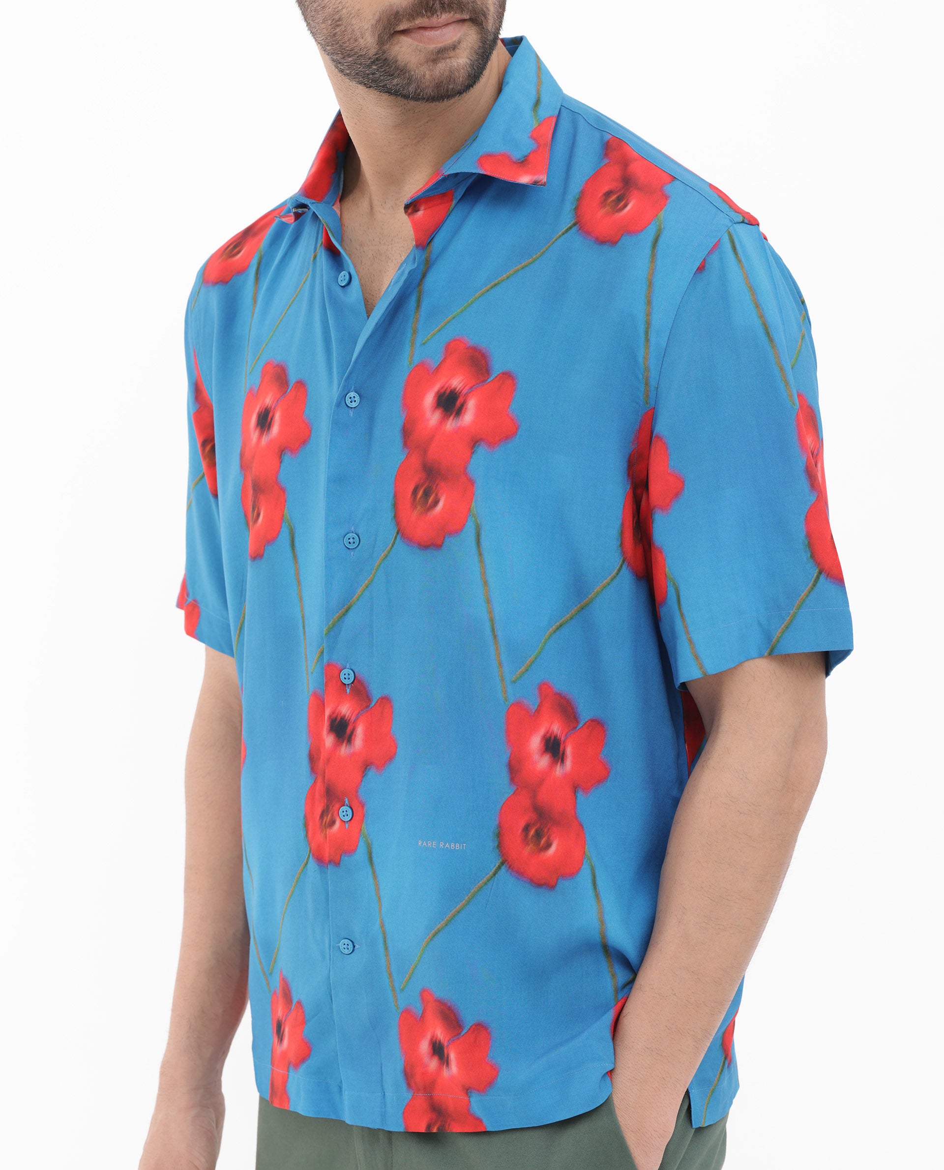Rare Rabbit Mens Bloomer Flouroscent Blue Viscose Fabric Short Sleeve Boxy Fit Floral Print Shirt