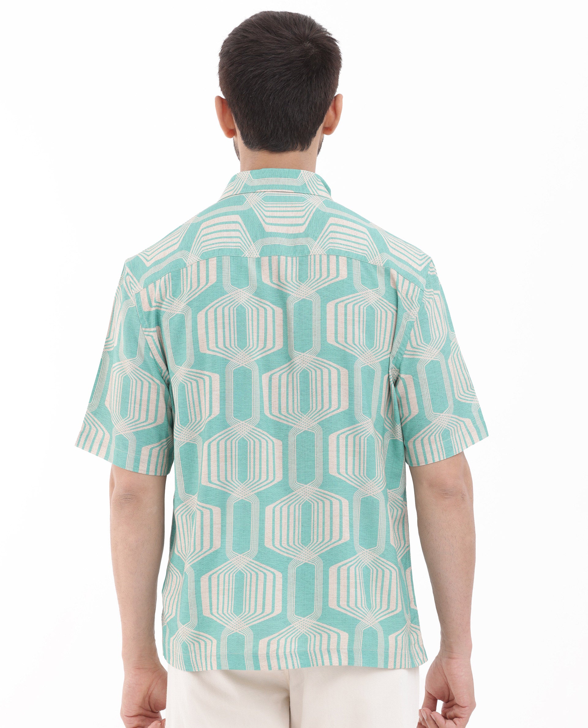 Rare Rabbit Mens Bomet Turq Viscose Fabric Short Sleeve Boxy Fit Geometric Print Shirt