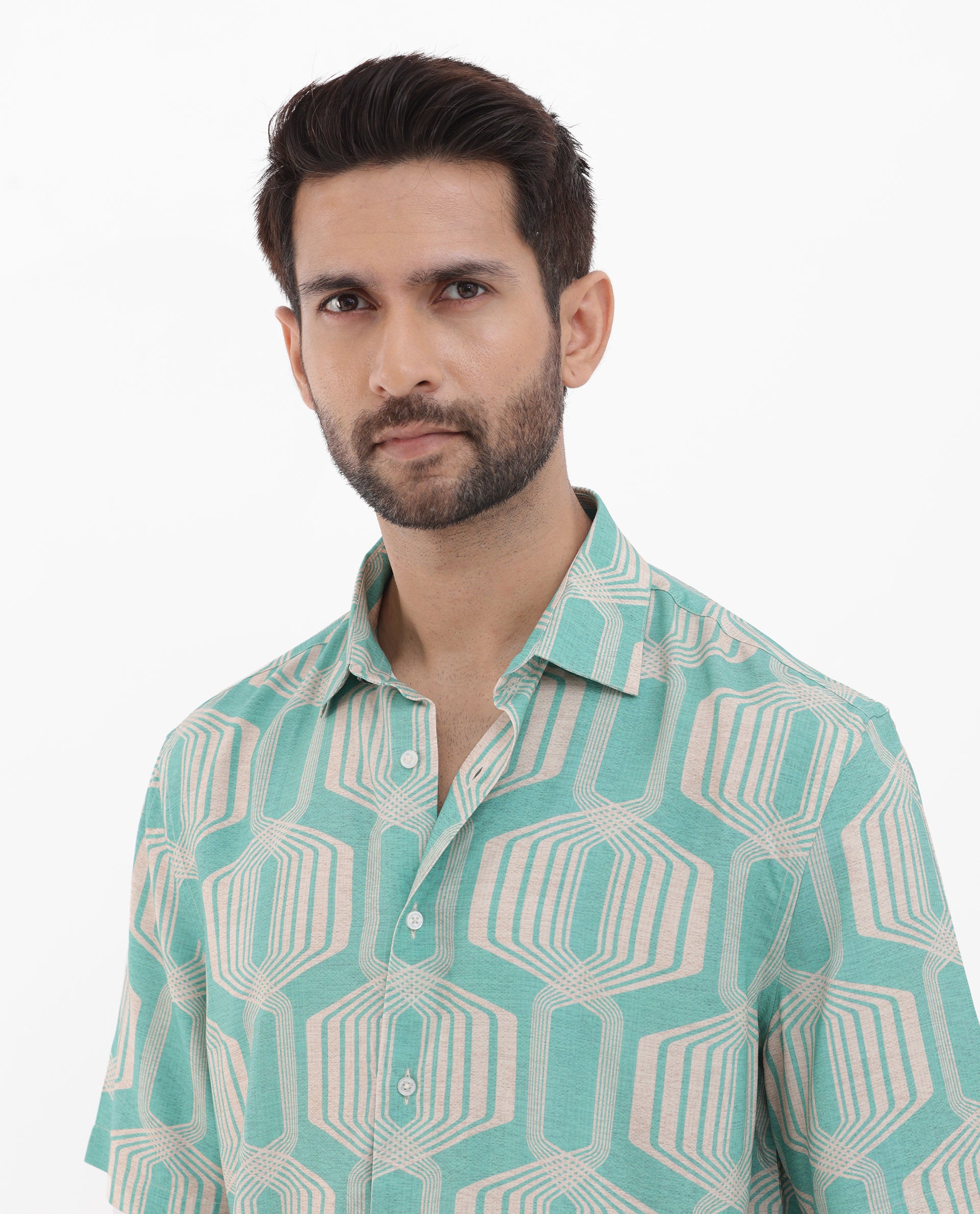 Rare Rabbit Mens Bomet Turq Viscose Fabric Short Sleeve Boxy Fit Geometric Print Shirt