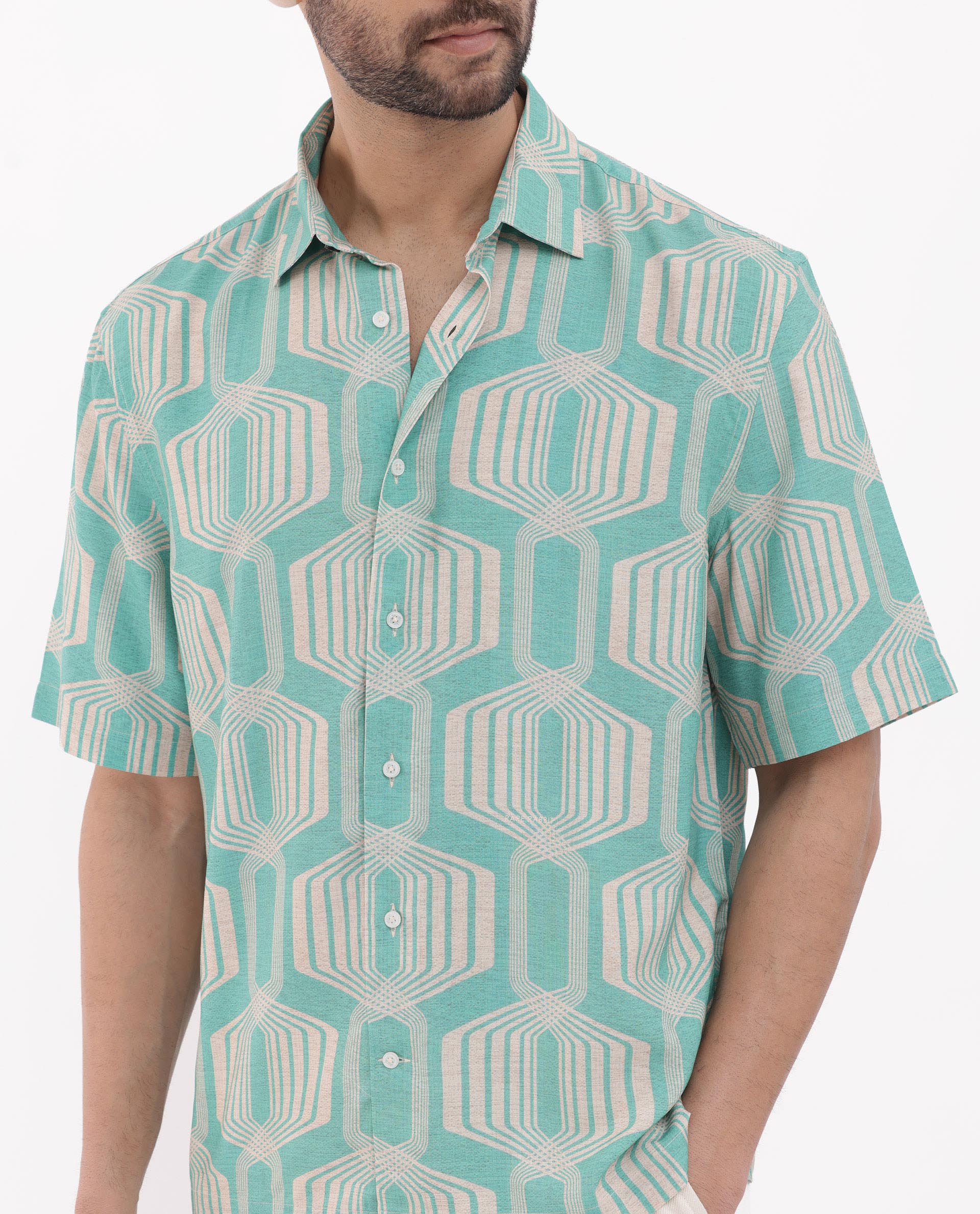 Rare Rabbit Mens Bomet Turq Viscose Fabric Short Sleeve Boxy Fit Geometric Print Shirt