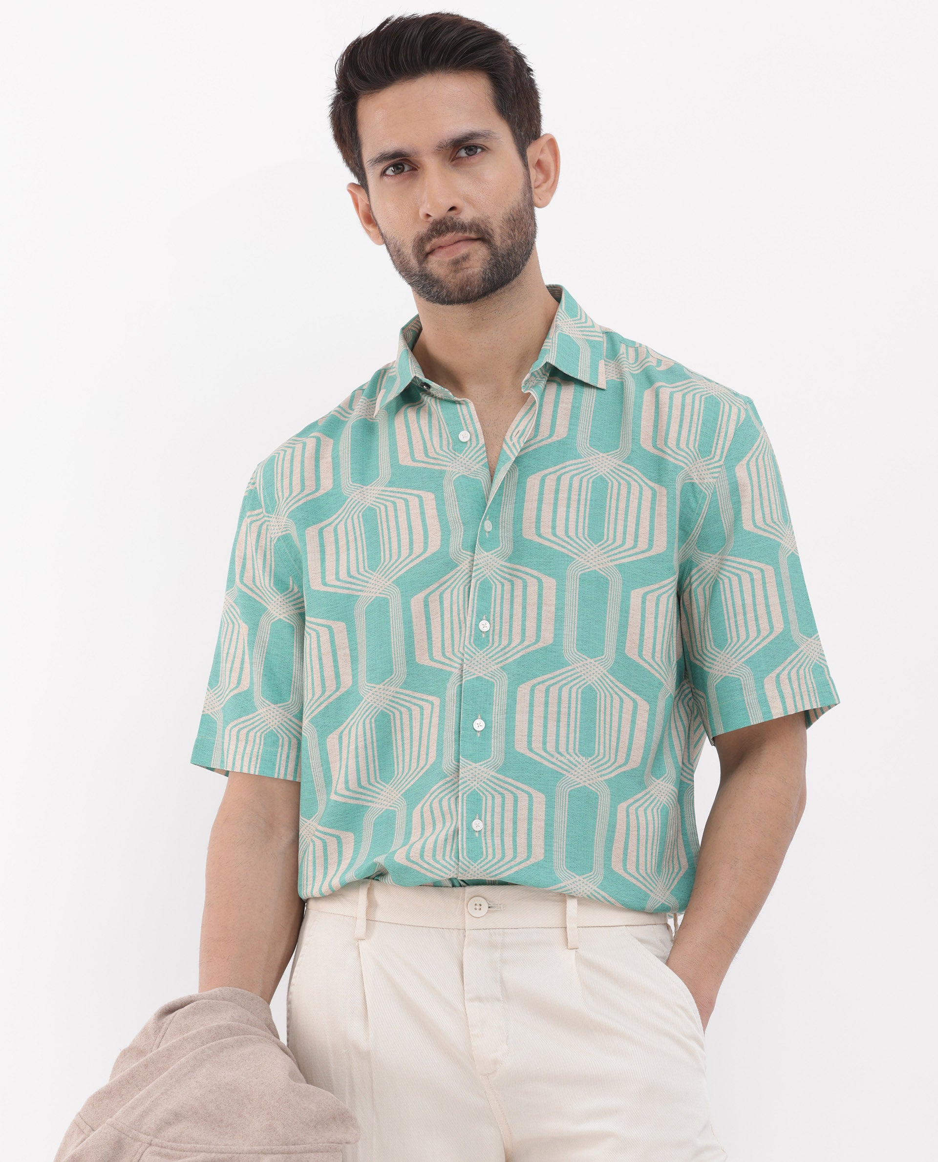 Rare Rabbit Mens Bomet Turq Viscose Fabric Short Sleeve Boxy Fit Geometric Print Shirt