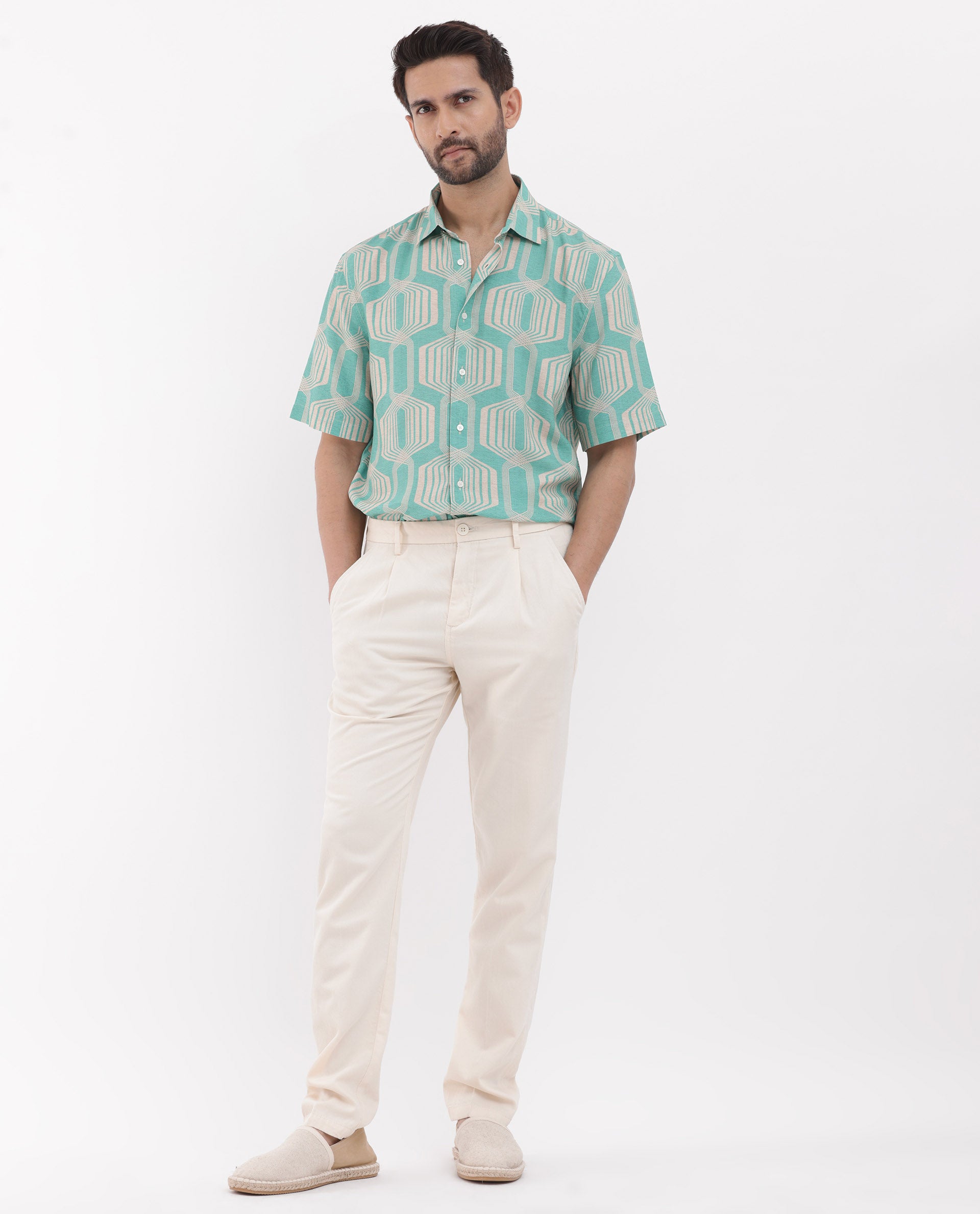 Rare Rabbit Mens Bomet Turq Viscose Fabric Short Sleeve Boxy Fit Geometric Print Shirt