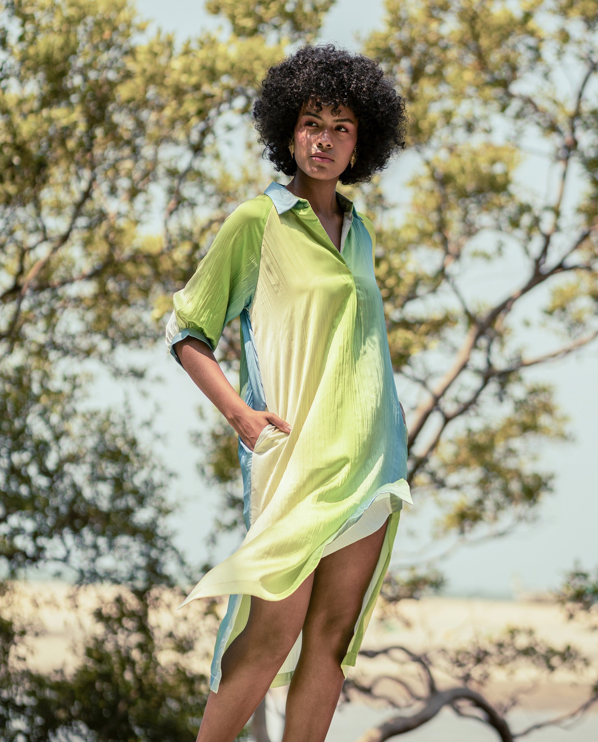 Rareism Women Boris Multi Polyester Fabric Cap Sleeve Collared Neck Ombre Longline Dress