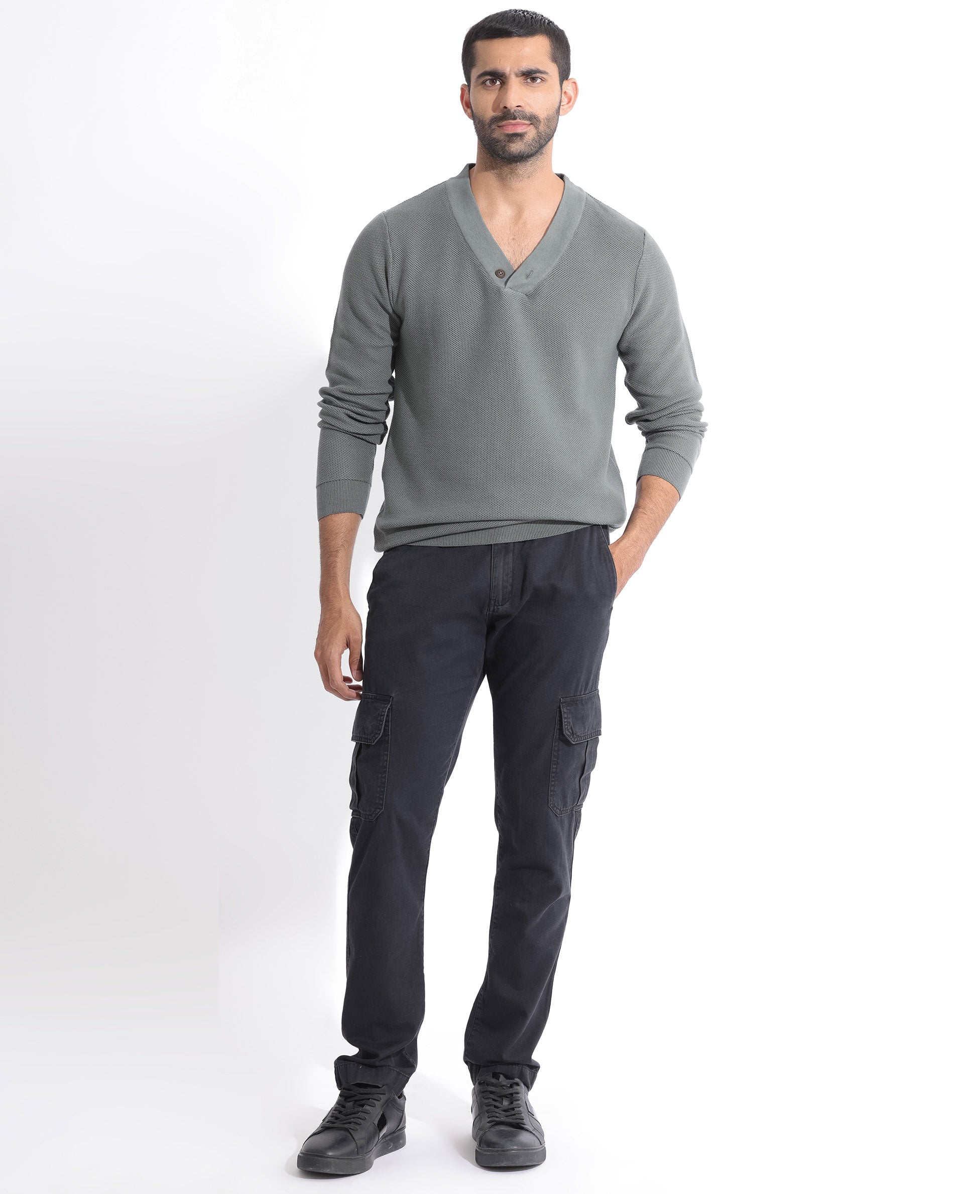 Rare Rabbit Mens Breeze Green Sweater Full Sleeve V-Neck Solid