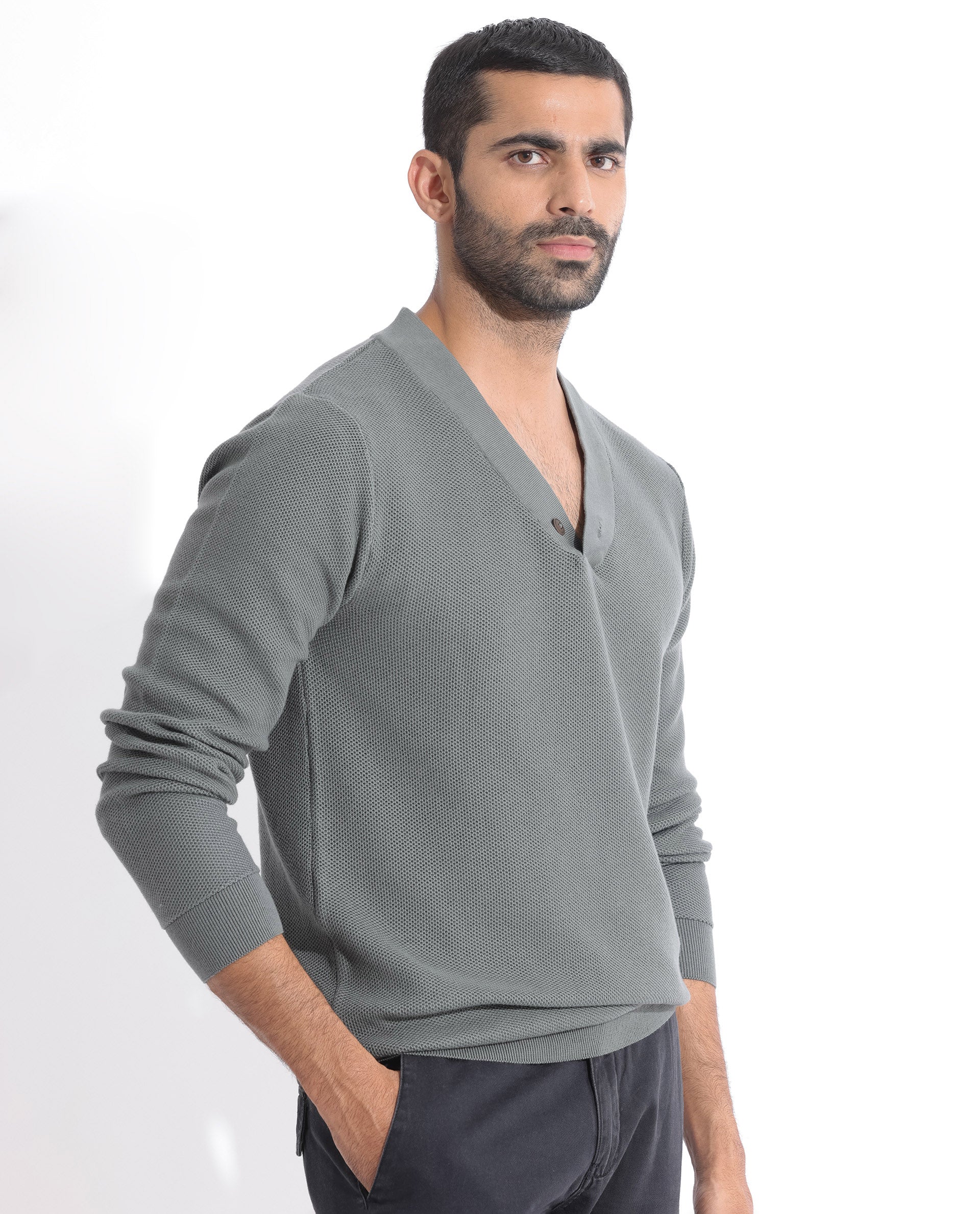 Rare Rabbit Mens Breeze Green Sweater Full Sleeve V-Neck Solid