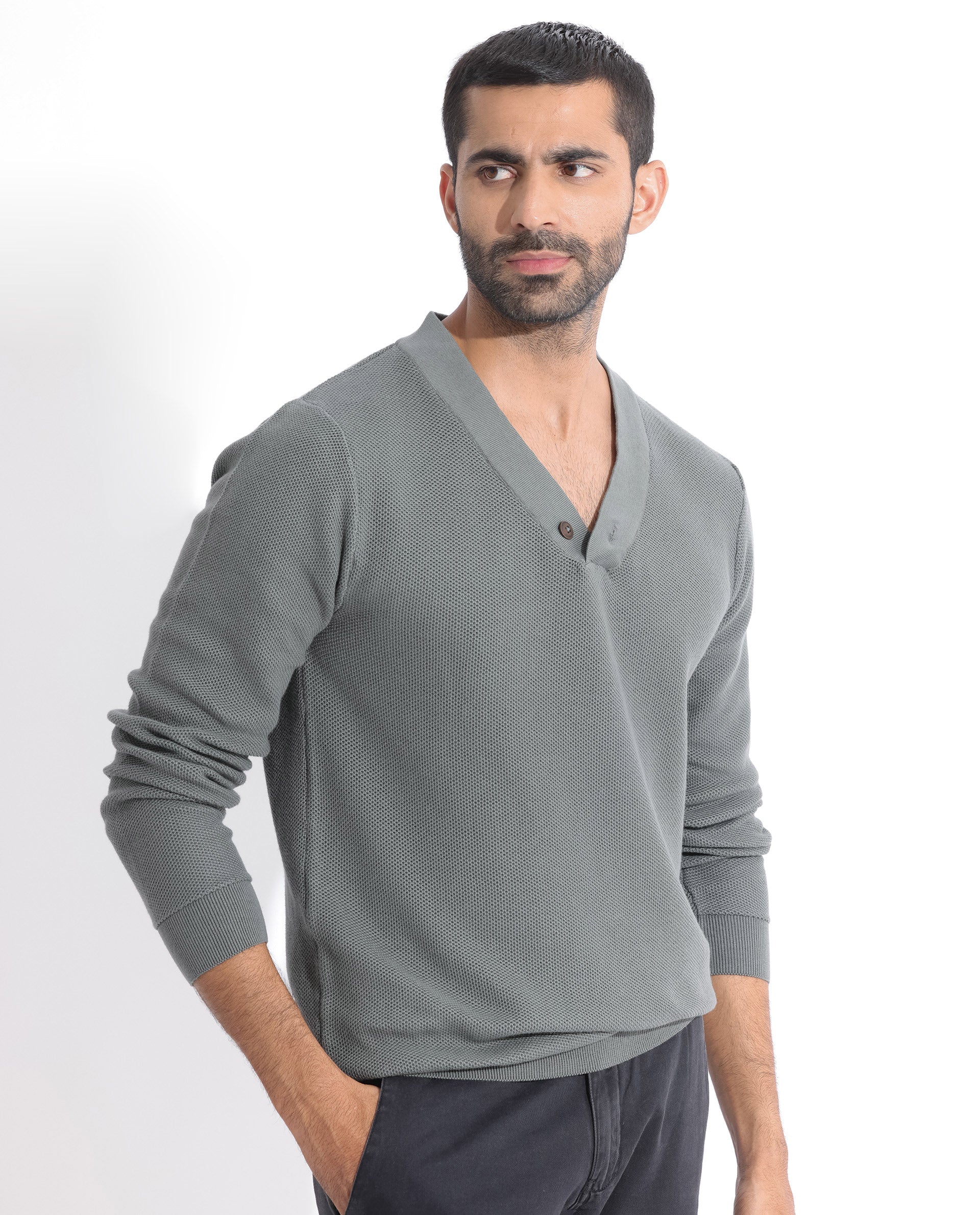 Rare Rabbit Mens Breeze Green Sweater Full Sleeve V-Neck Solid