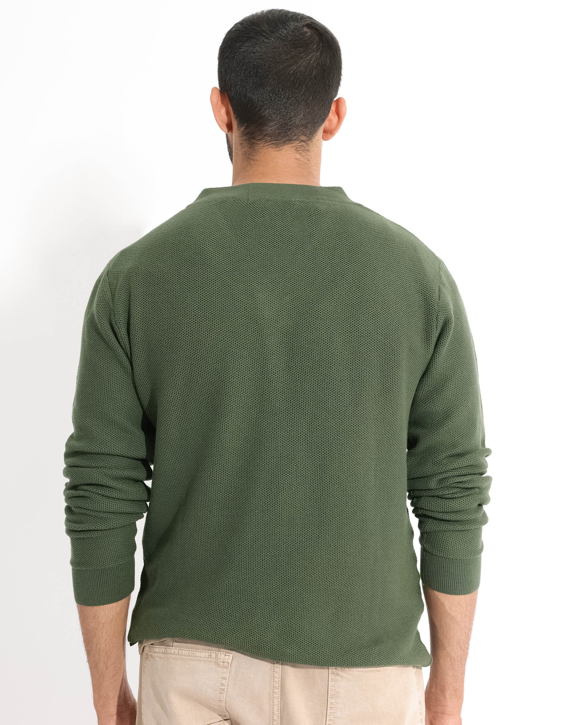 Rare Rabbit Mens Breeze Olive Sweater Full Sleeve V-Neck Solid