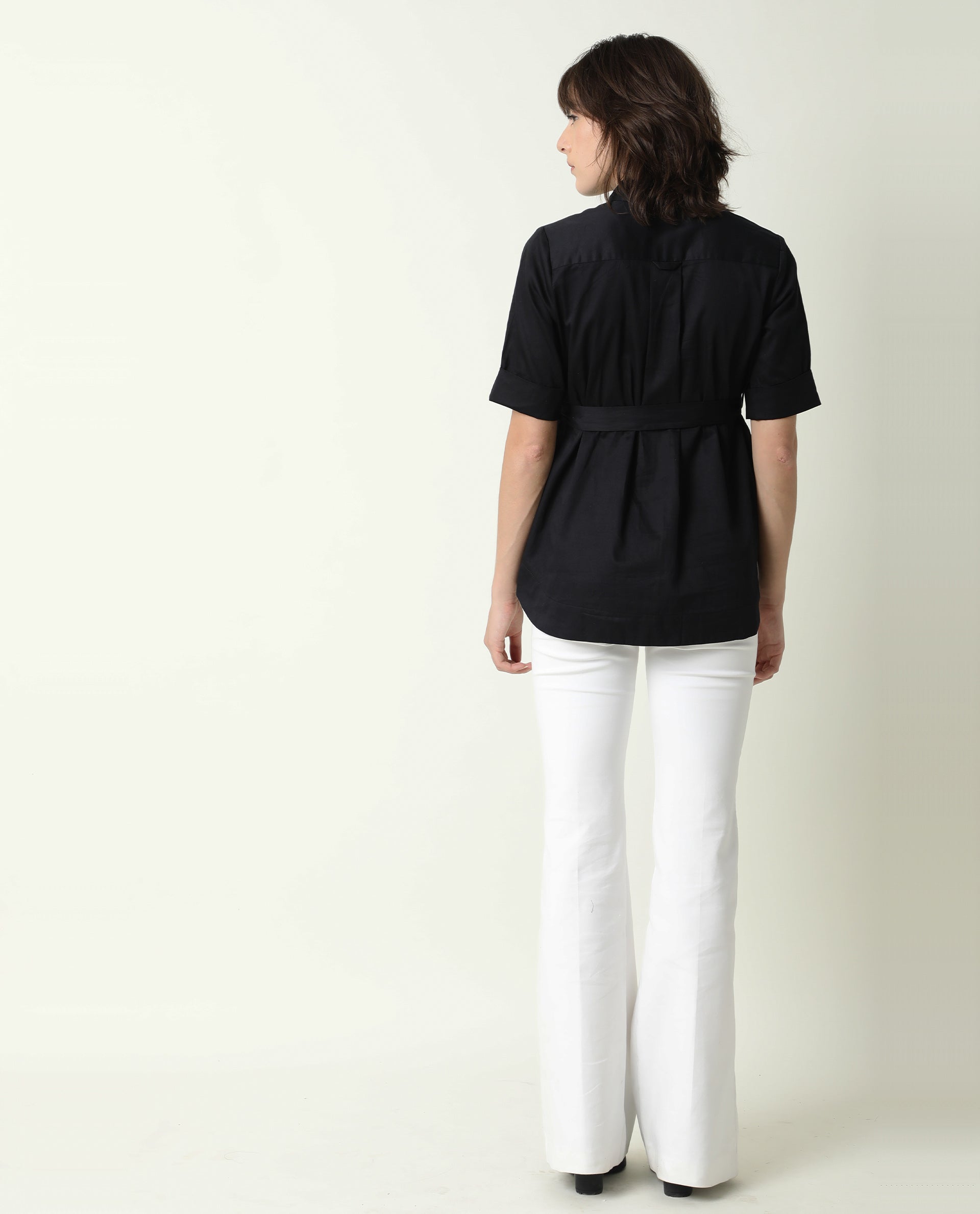 Rareism Womens Glitter Black Top Cotton Satin Fabric Regular Fit 3/4 Sleeve Collared Neck