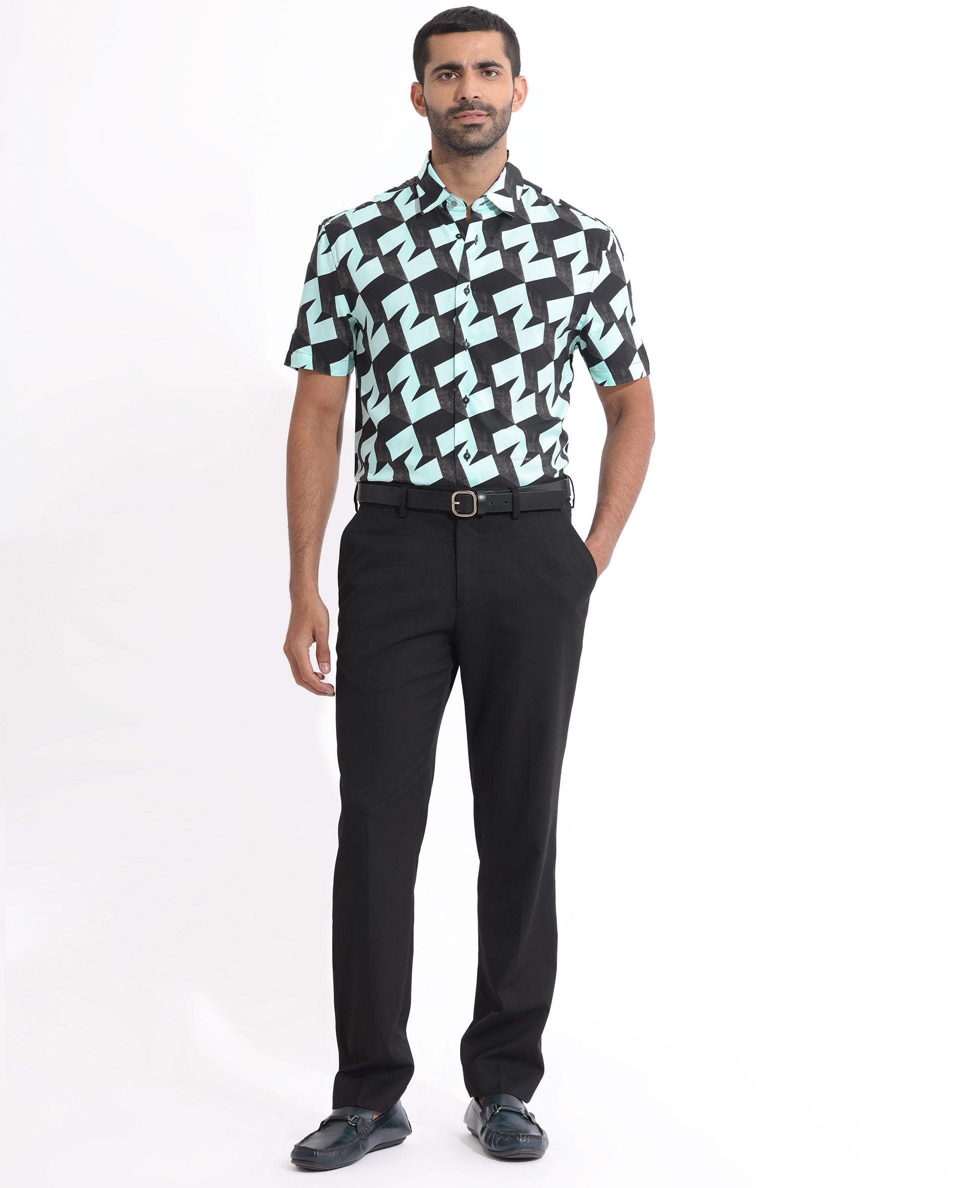 Rare Rabbit Men's Brimmer Light Blue Cotton Modal Fabric Geometric Print Half Sleeves Shirt