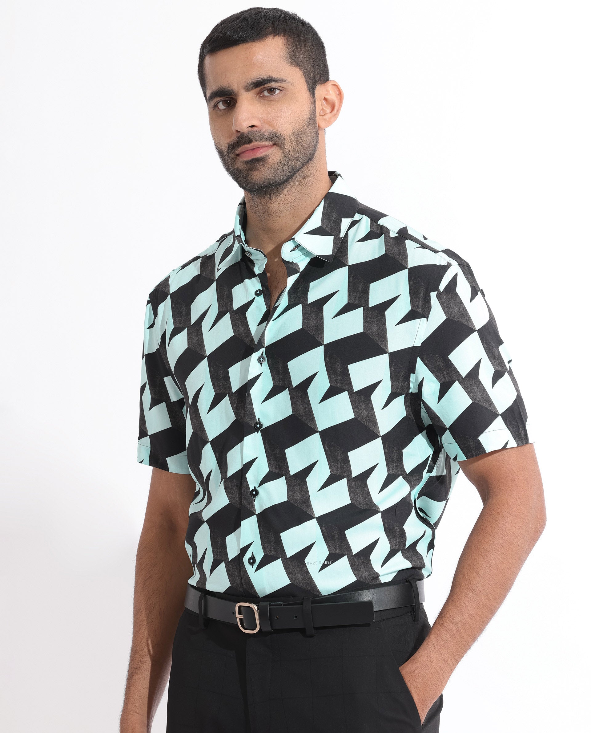 Rare Rabbit Men's Brimmer Light Blue Cotton Modal Fabric Geometric Print Half Sleeves Shirt