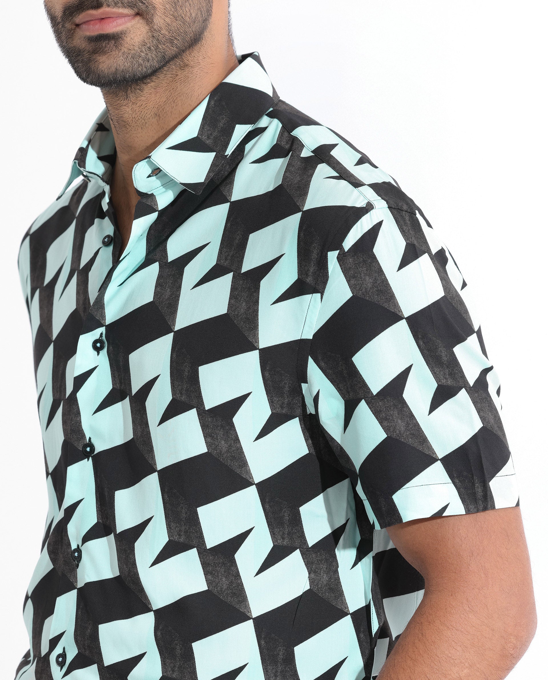 Rare Rabbit Men's Brimmer Light Blue Cotton Modal Fabric Geometric Print Half Sleeves Shirt
