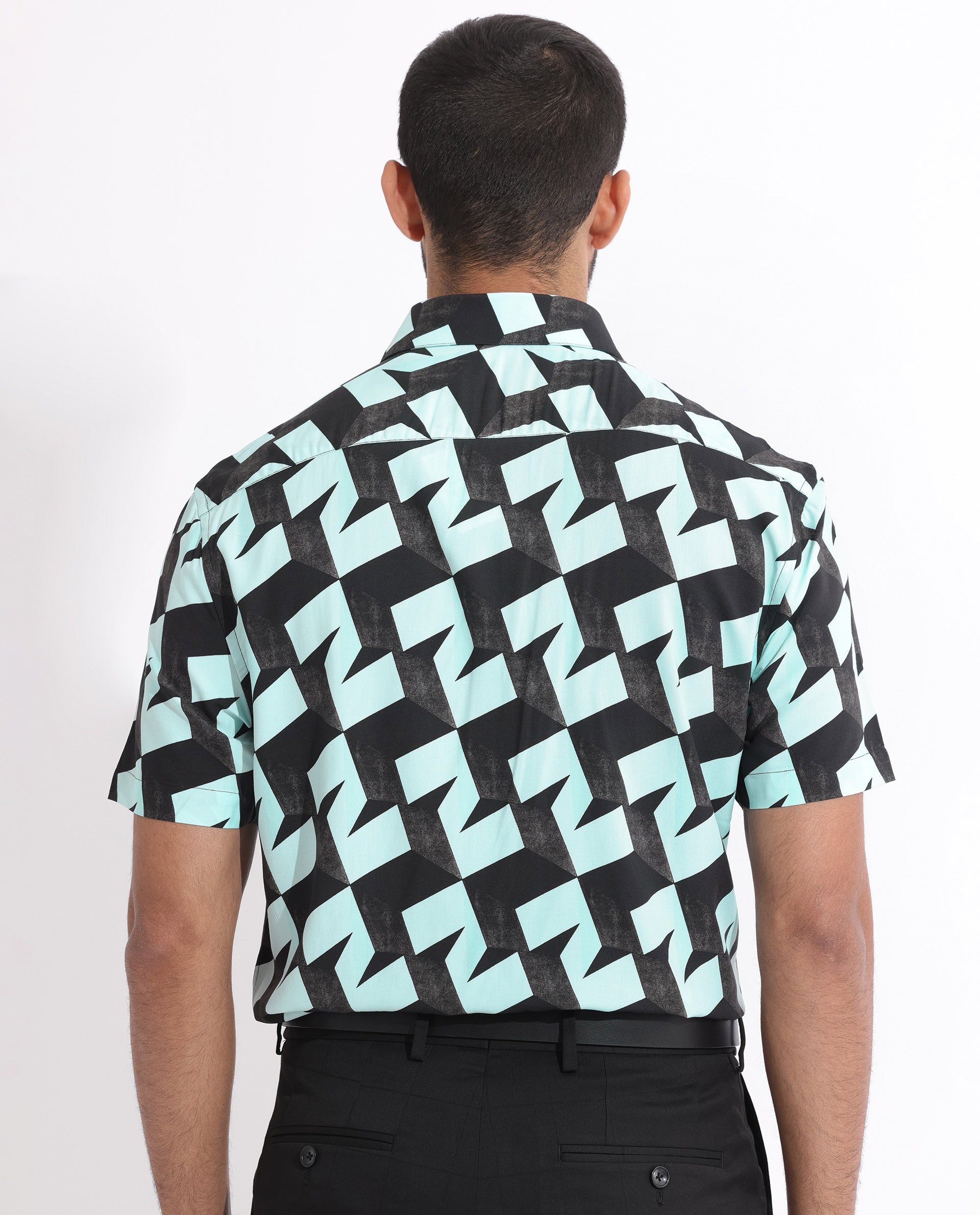 Rare Rabbit Men's Brimmer Light Blue Cotton Modal Fabric Geometric Print Half Sleeves Shirt
