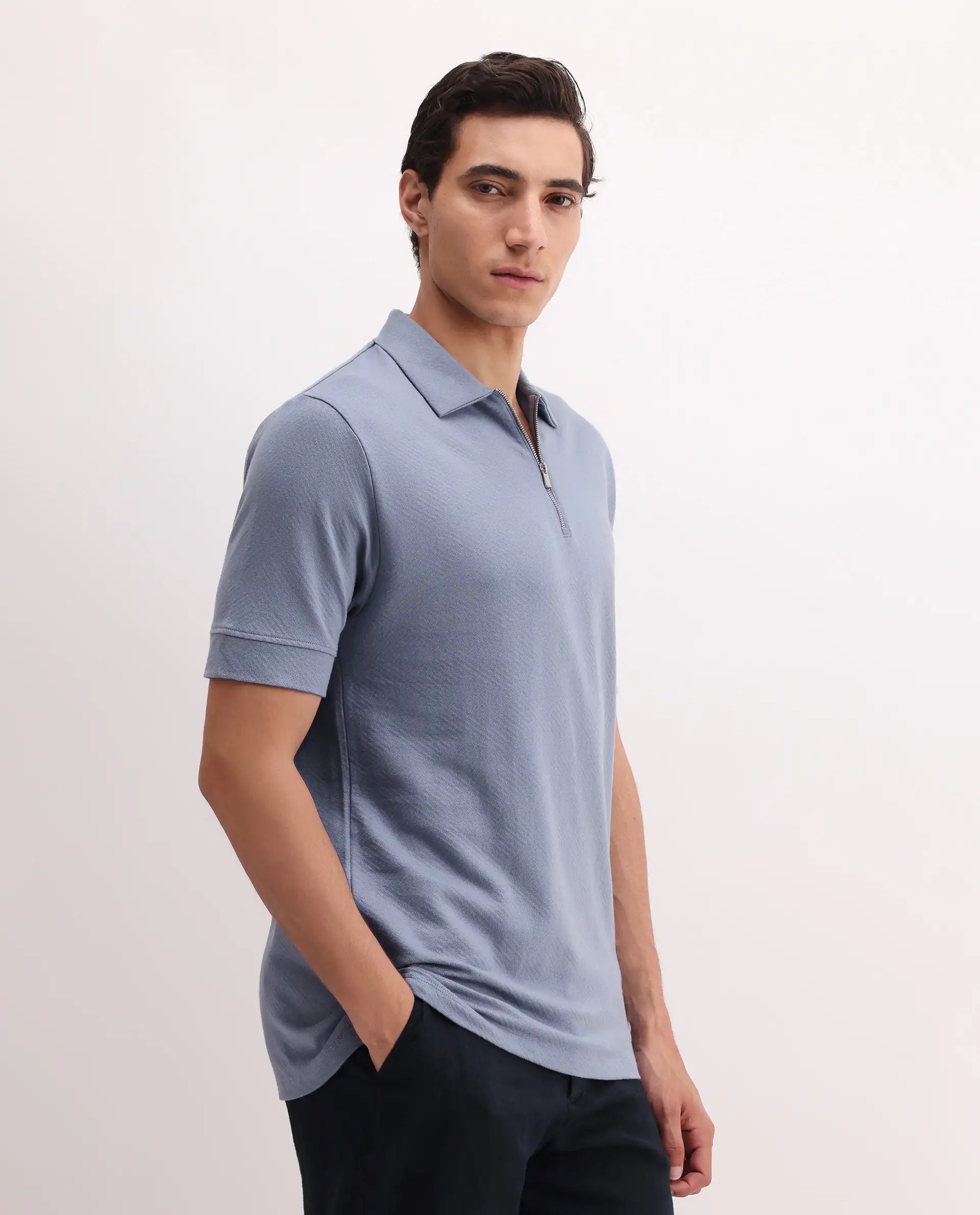 Rare Rabbit Men's Cabe-1 Dusky Blue Cotton Jacquard Regular Fit Half Sleeve Polo