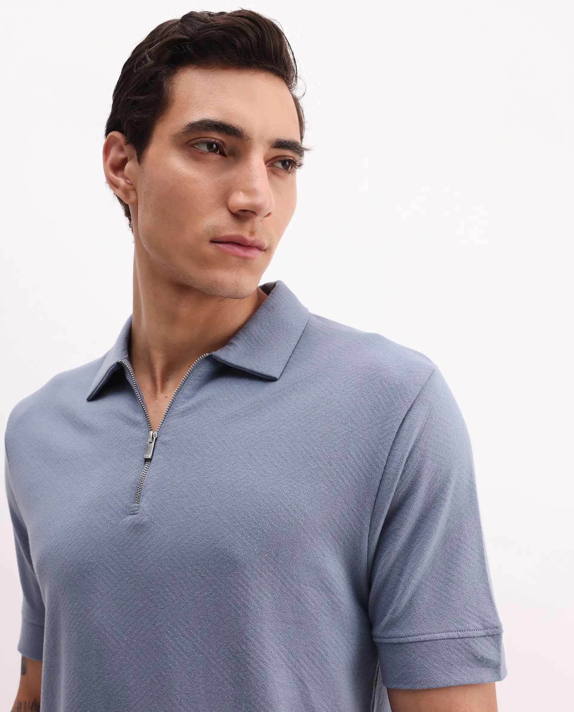 Rare Rabbit Men's Cabe-1 Dusky Blue Cotton Jacquard Regular Fit Half Sleeve Polo