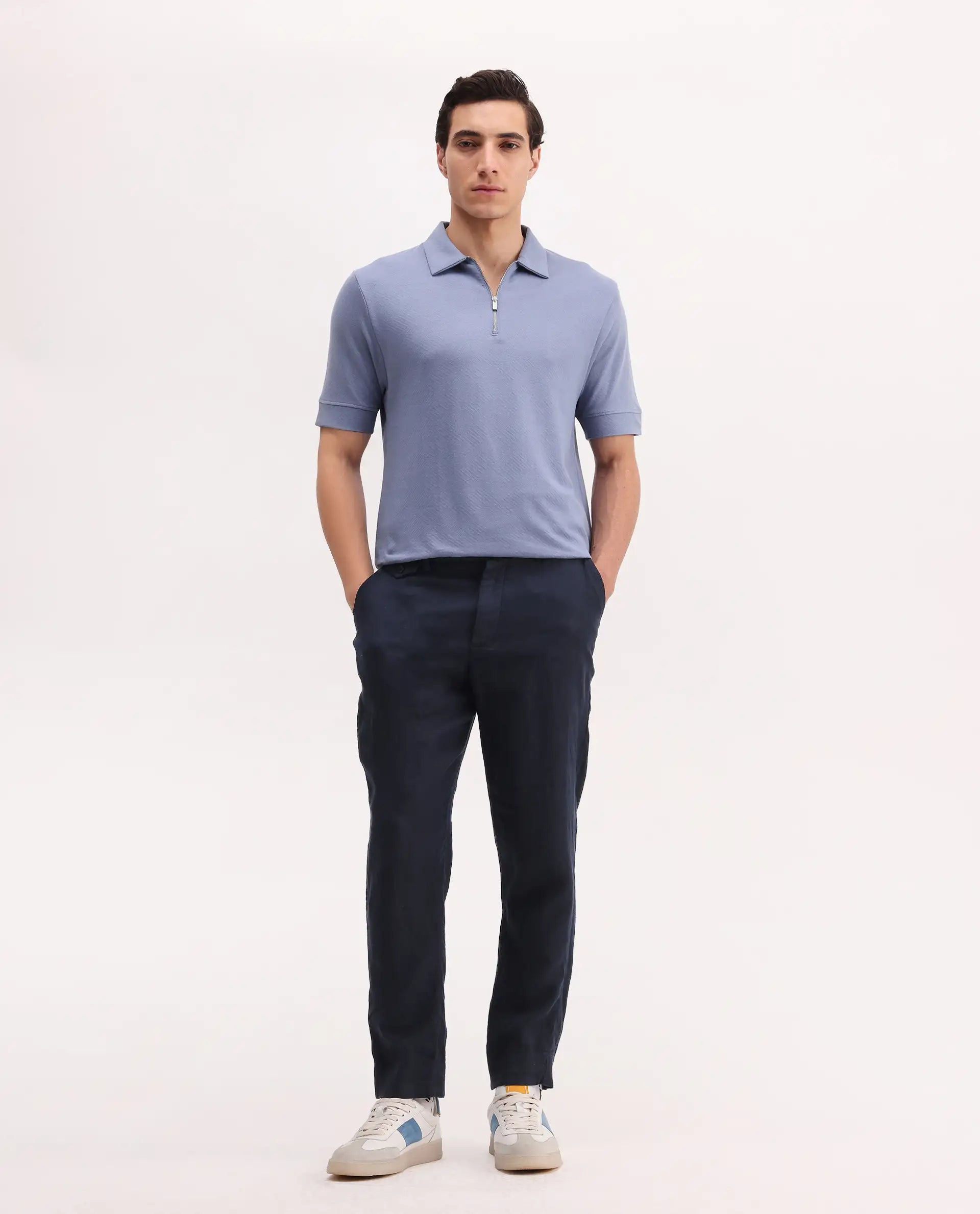 Rare Rabbit Men's Cabe-1 Dusky Blue Cotton Jacquard Regular Fit Half Sleeve Polo