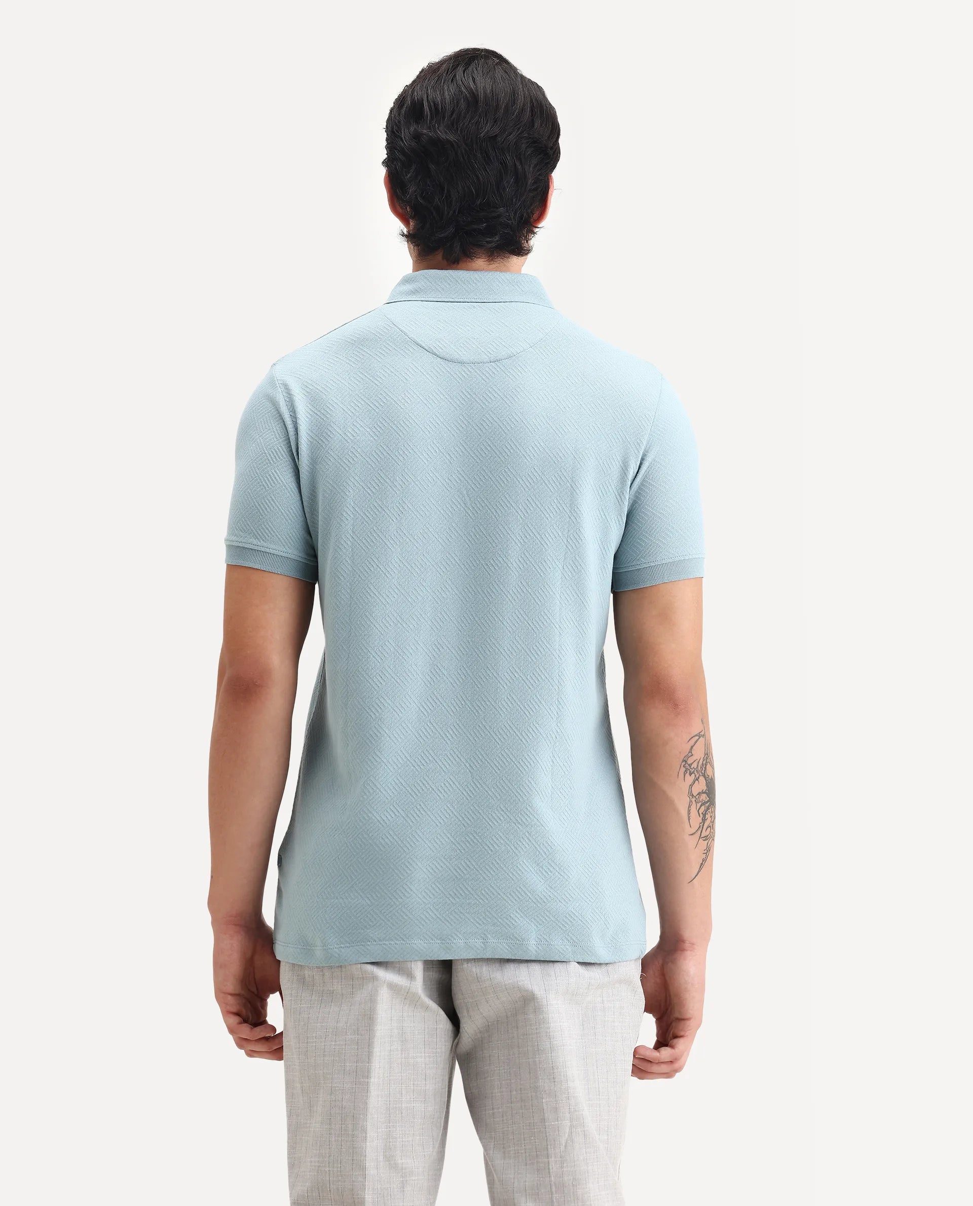 Rare Rabbit Men's Cabe Light Blue Cotton Jacquard Regular Fit Half Sleeve Polo