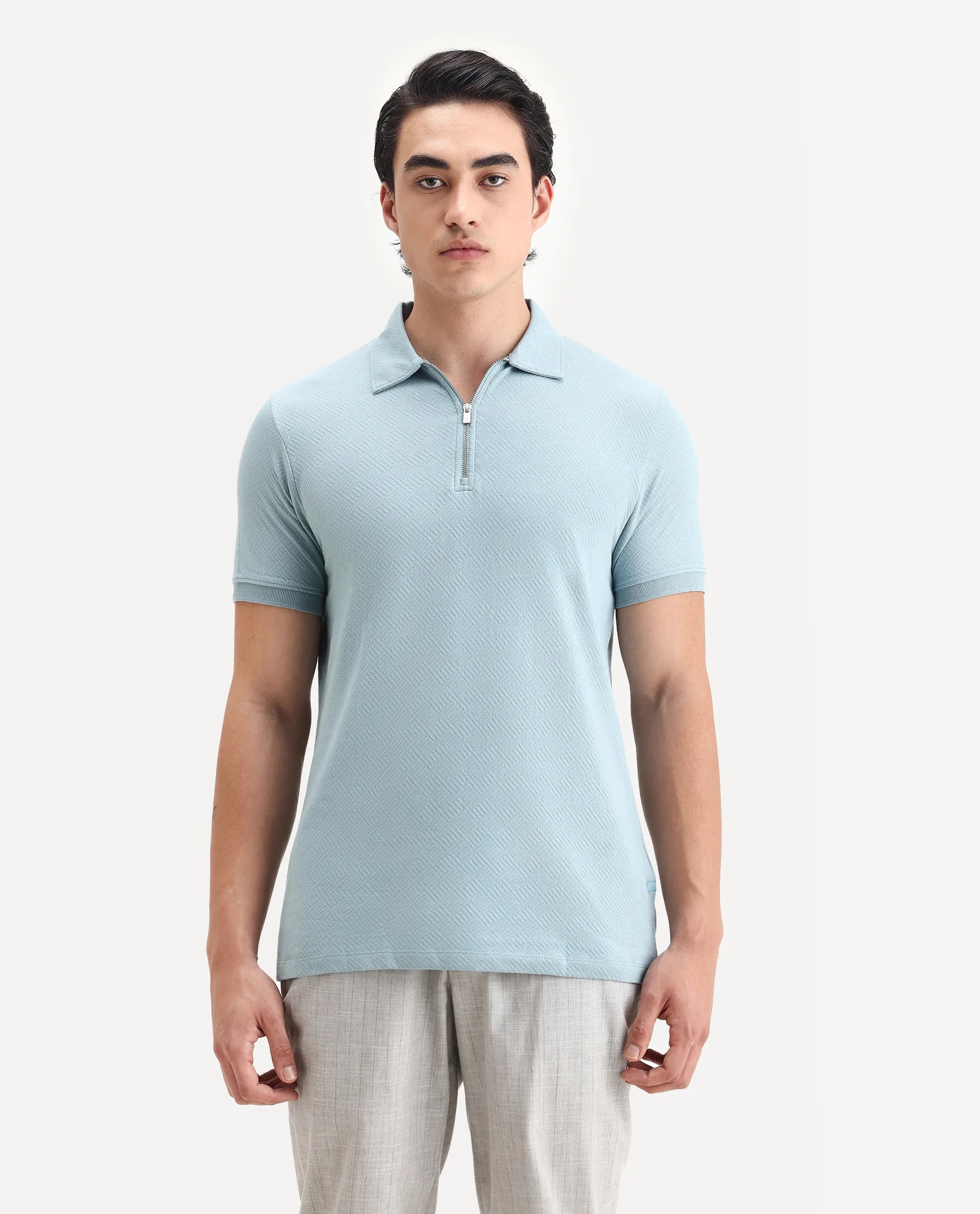 Rare Rabbit Men's Cabe Light Blue Cotton Jacquard Regular Fit Half Sleeve Polo