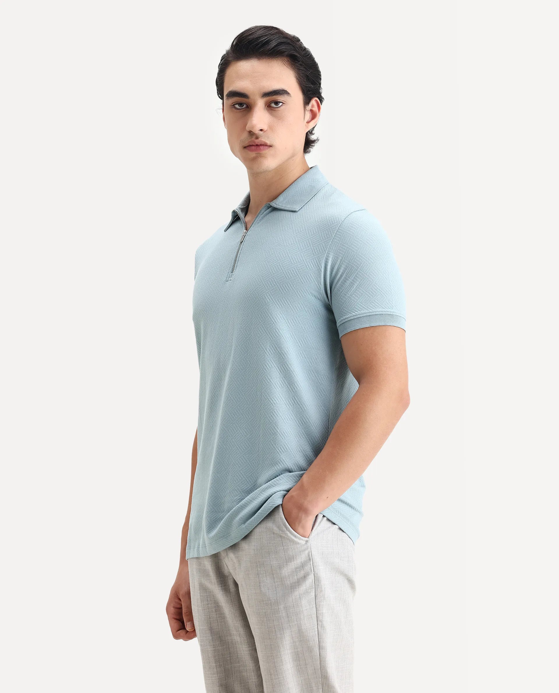Rare Rabbit Men's Cabe Light Blue Cotton Jacquard Regular Fit Half Sleeve Polo