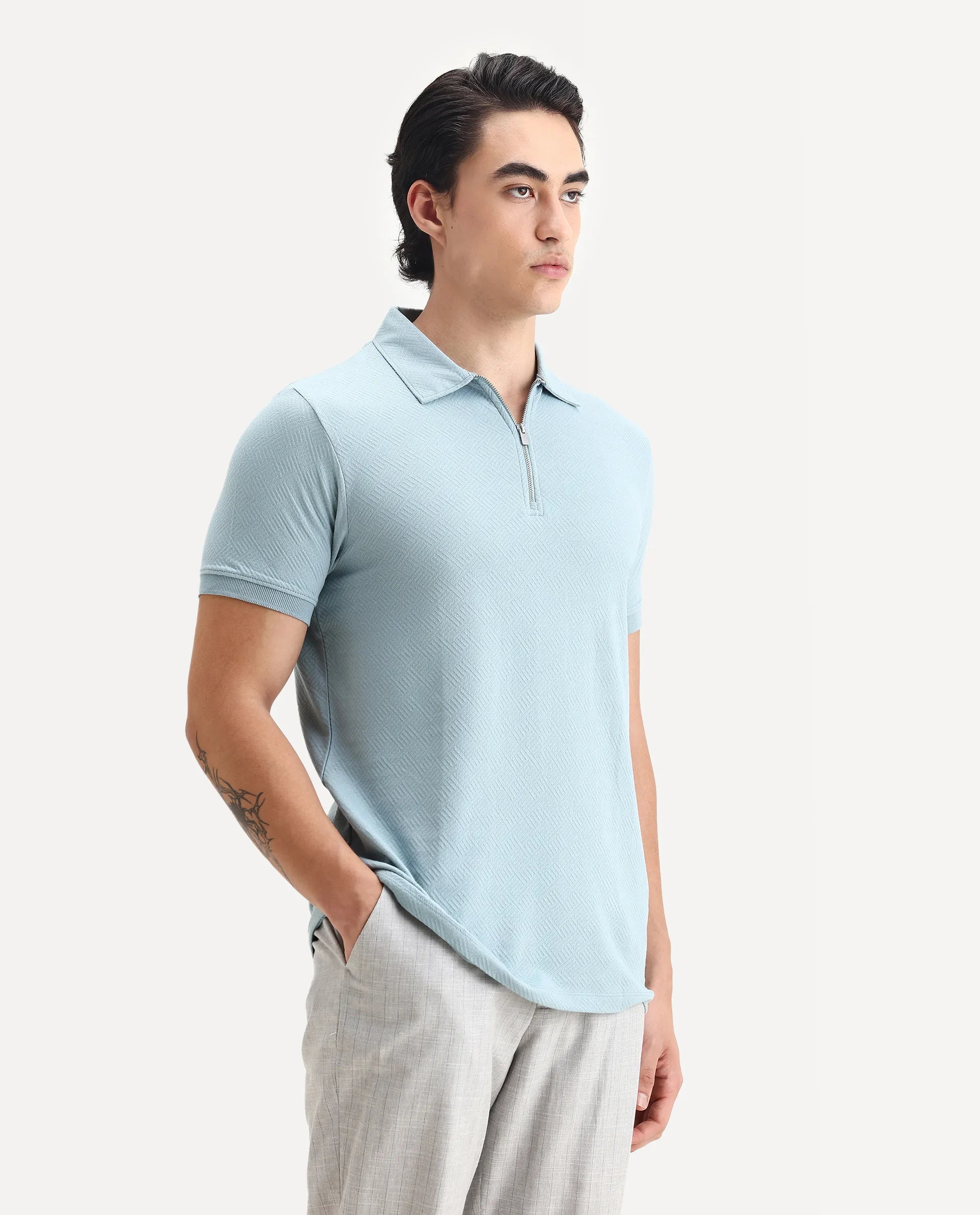 Rare Rabbit Men's Cabe Light Blue Cotton Jacquard Regular Fit Half Sleeve Polo