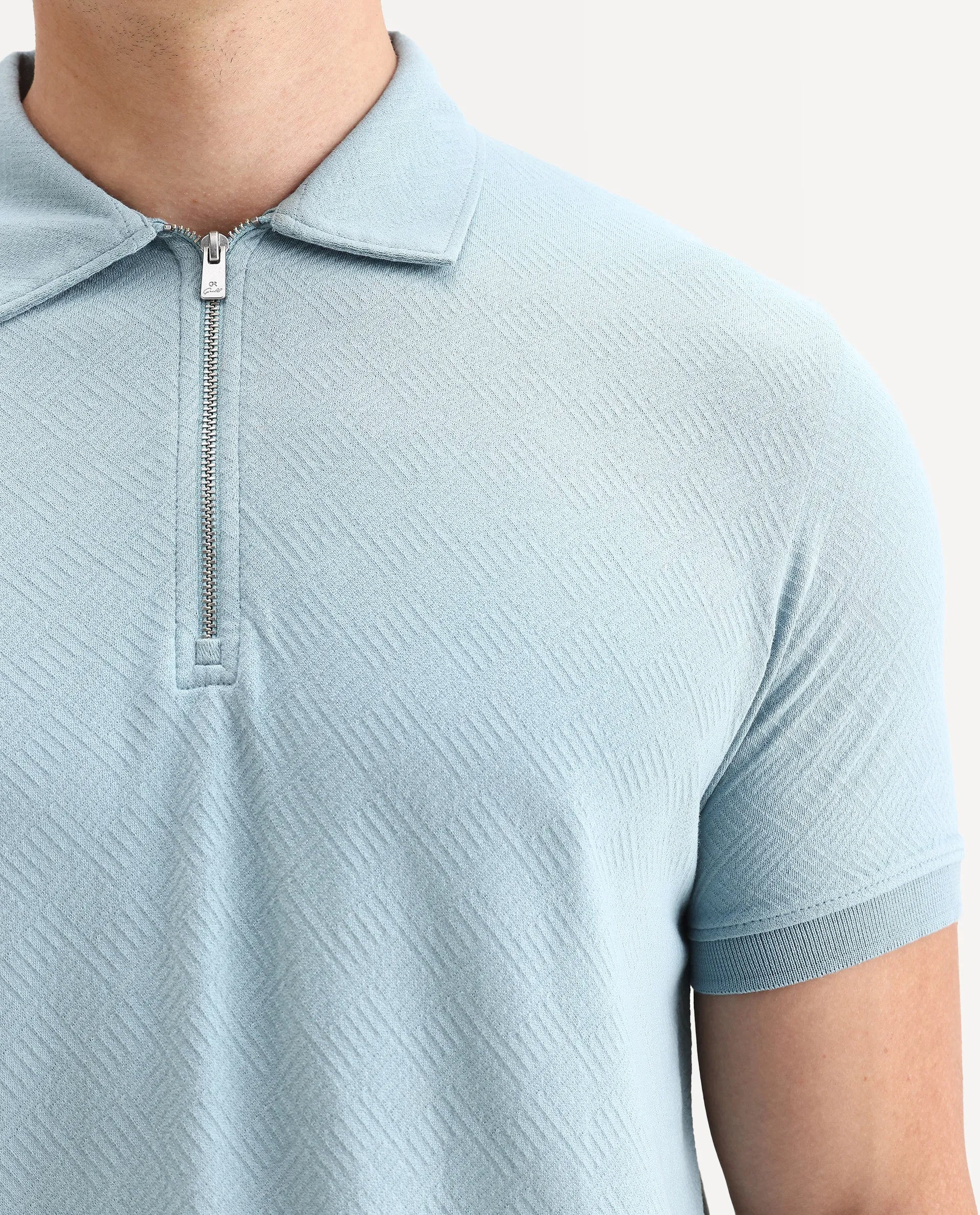 Rare Rabbit Men's Cabe Light Blue Cotton Jacquard Regular Fit Half Sleeve Polo