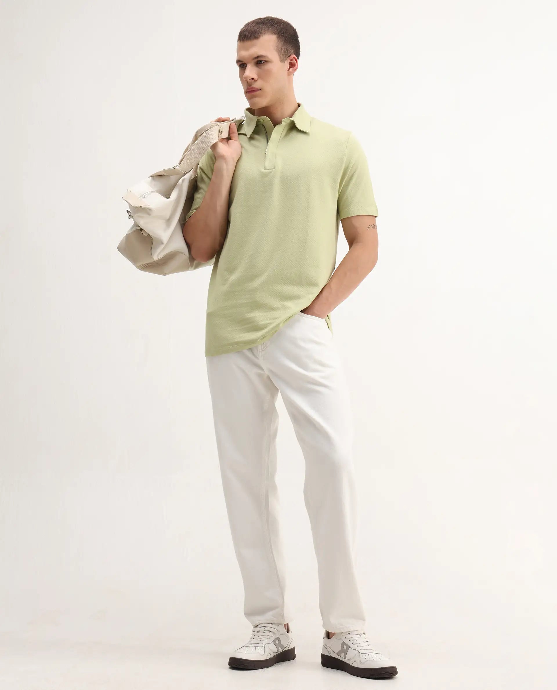 Rare Rabbit Men's Caben Light Green Cotton Jacquard Regular Fit Half Sleeve Polo