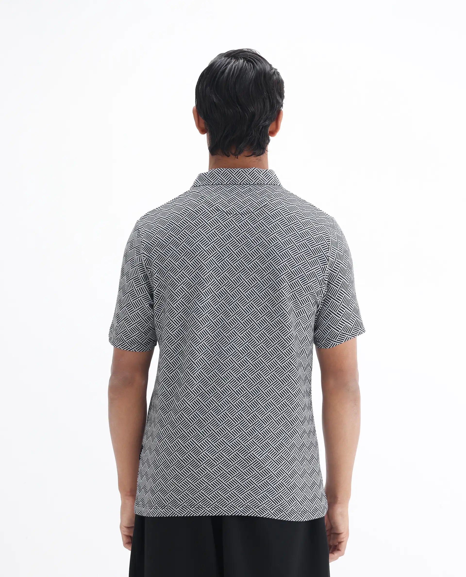 Rare Rabbit Men's Cabetta Black Cotton Jacquard Regular Fit Half Sleeve Polo