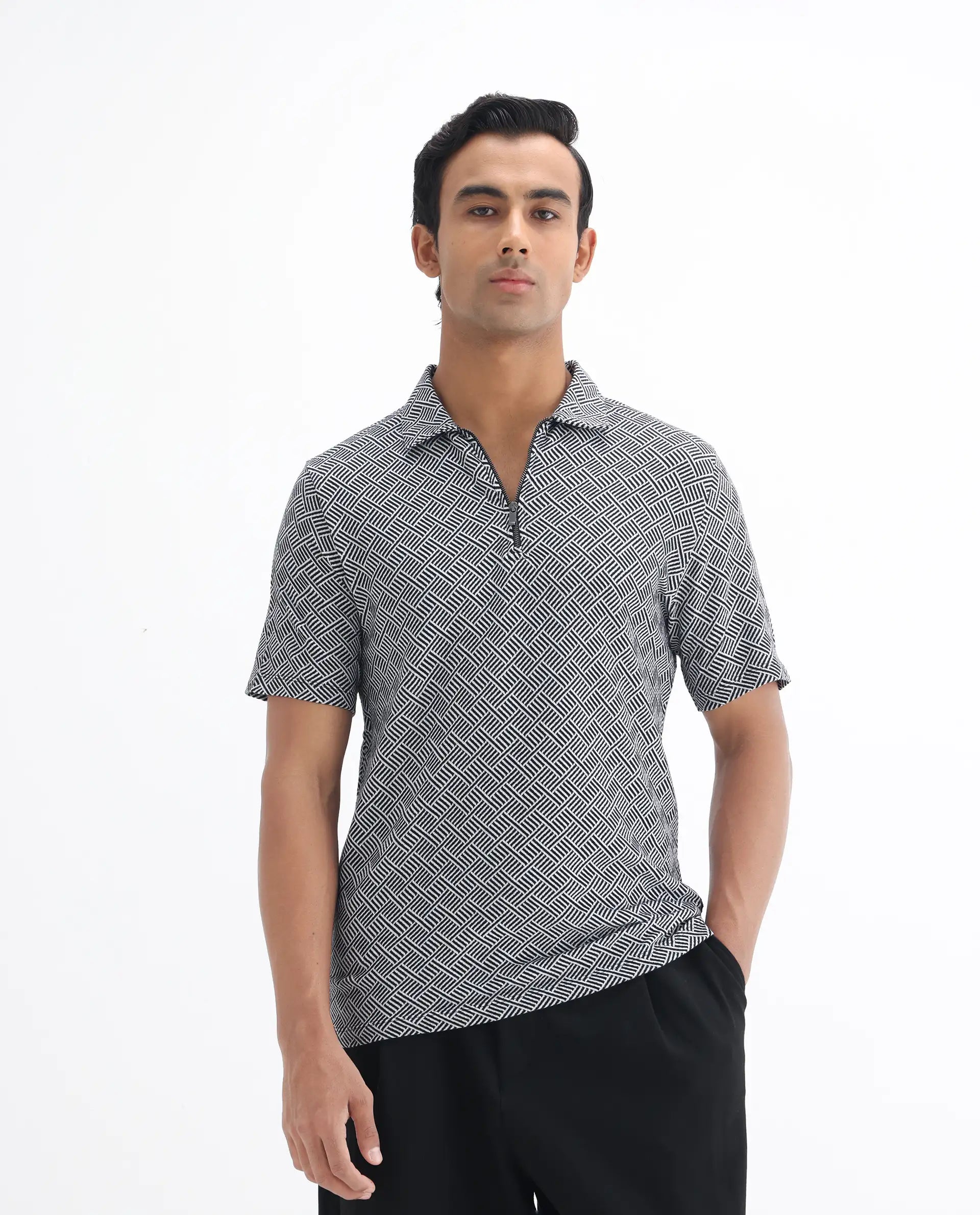 Rare Rabbit Men's Cabetta Black Cotton Jacquard Regular Fit Half Sleeve Polo