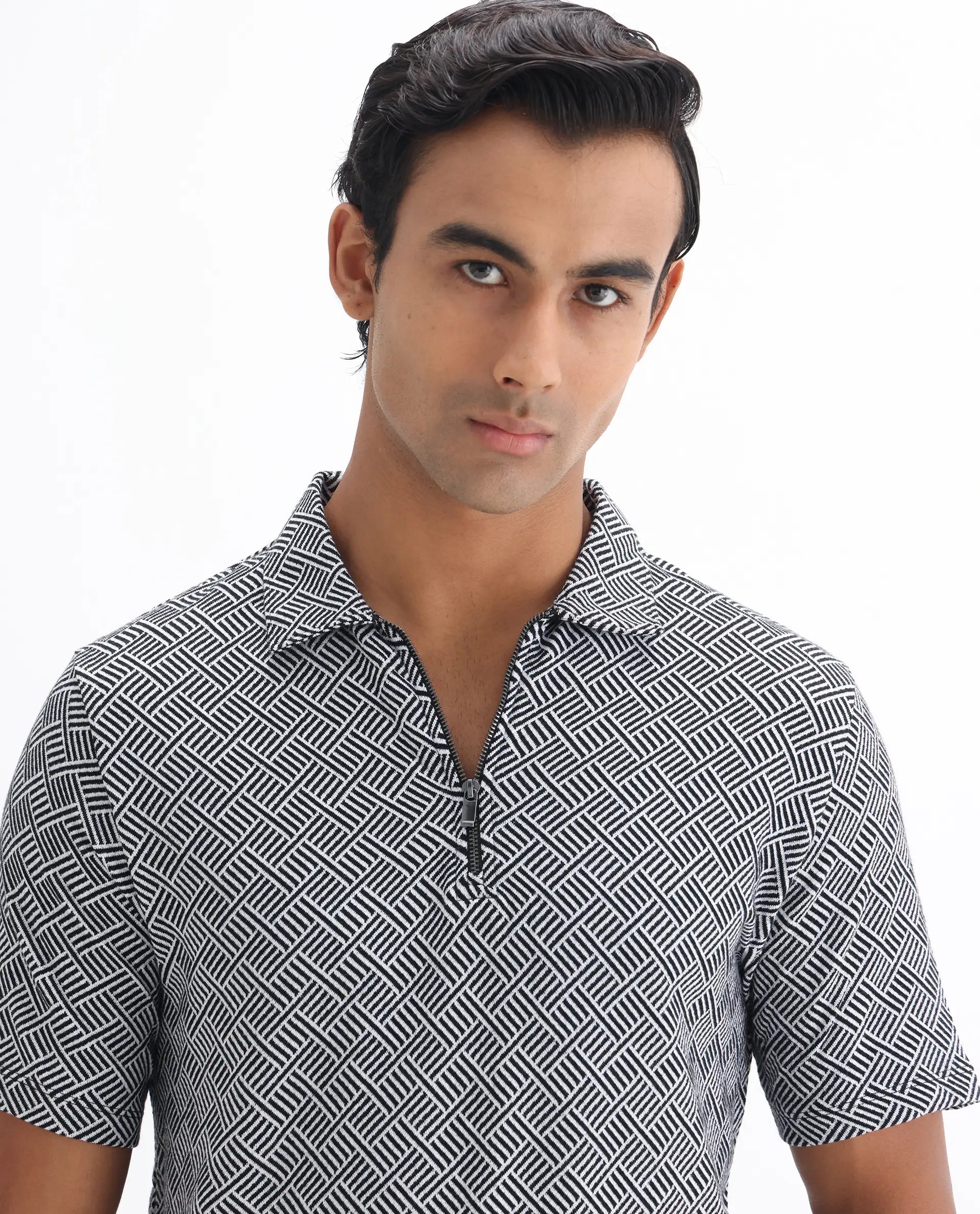 Rare Rabbit Men's Cabetta Black Cotton Jacquard Regular Fit Half Sleeve Polo