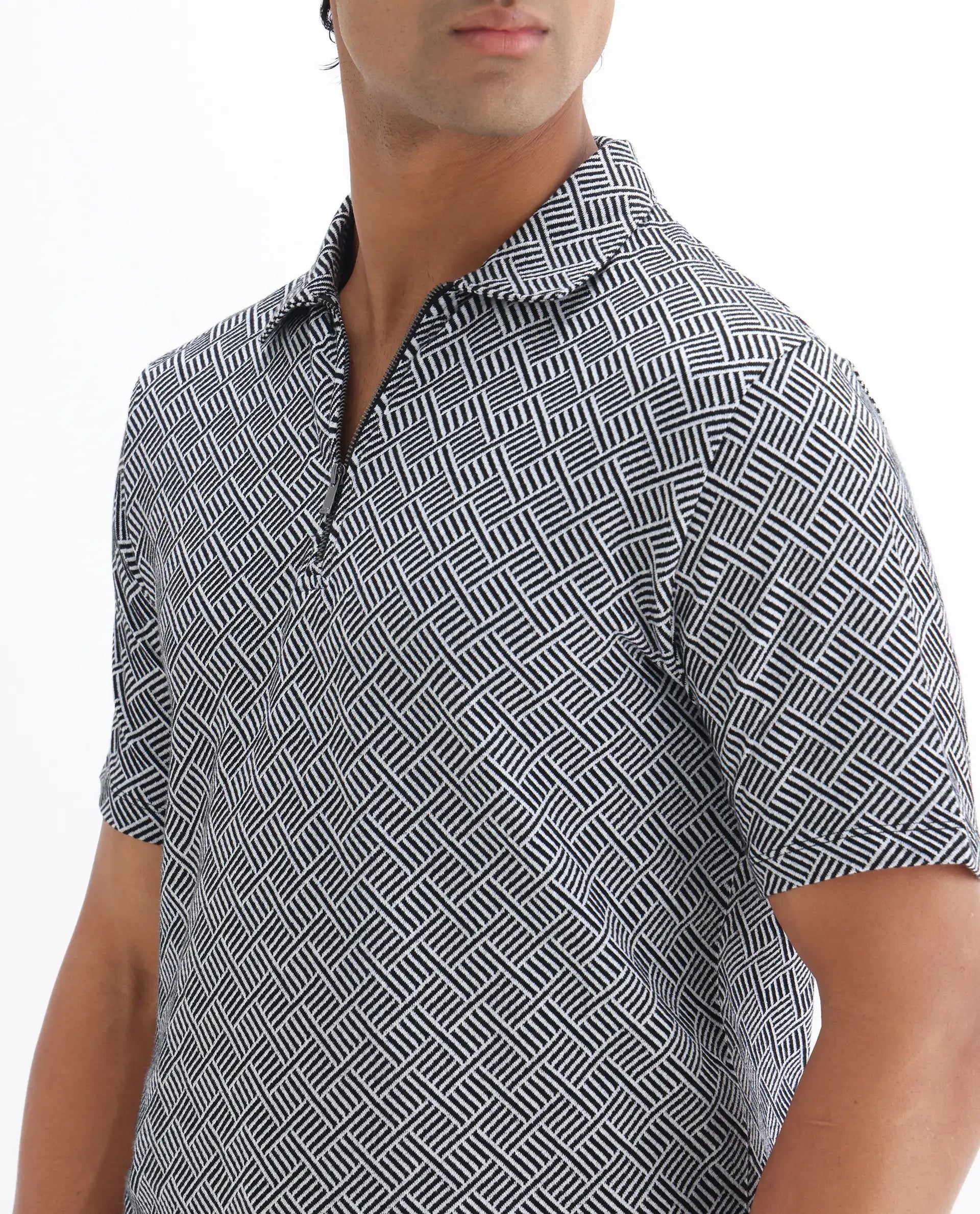 Rare Rabbit Men's Cabetta Black Cotton Jacquard Regular Fit Half Sleeve Polo