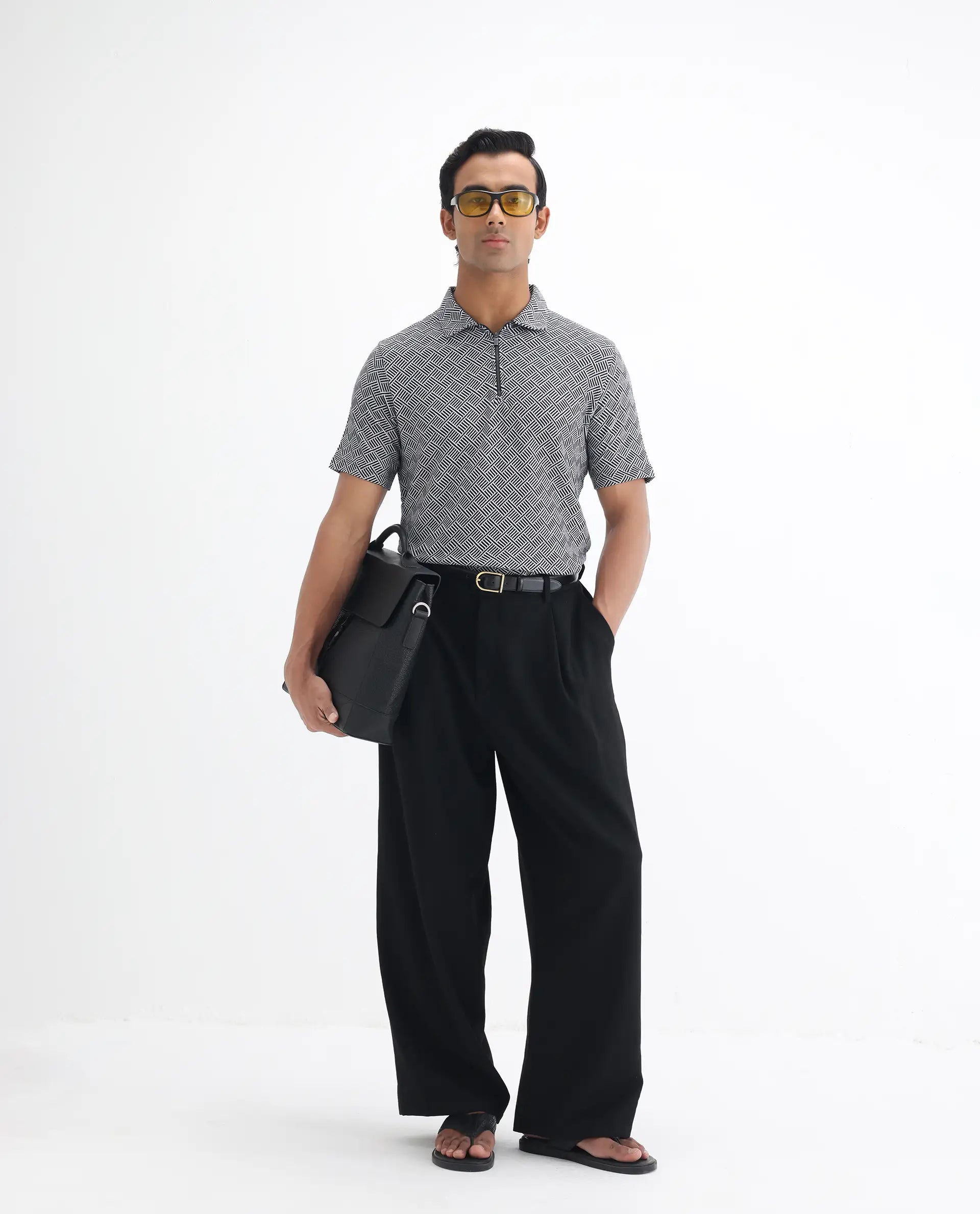 Rare Rabbit Men's Cabetta Black Cotton Jacquard Regular Fit Half Sleeve Polo