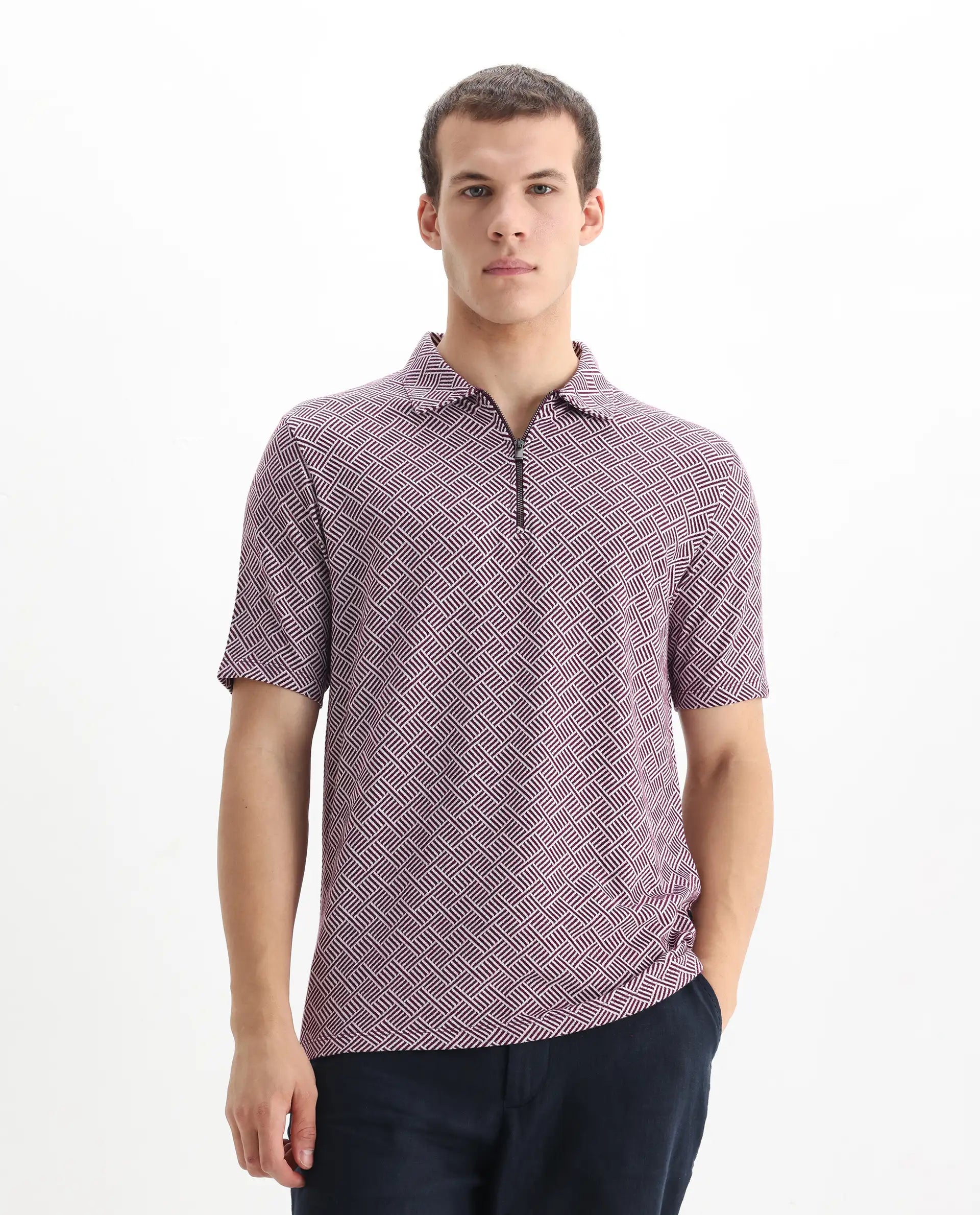 Rare Rabbit Men's Cabetta Dark Purple Cotton Jacquard Regular Fit Half Sleeve Polo
