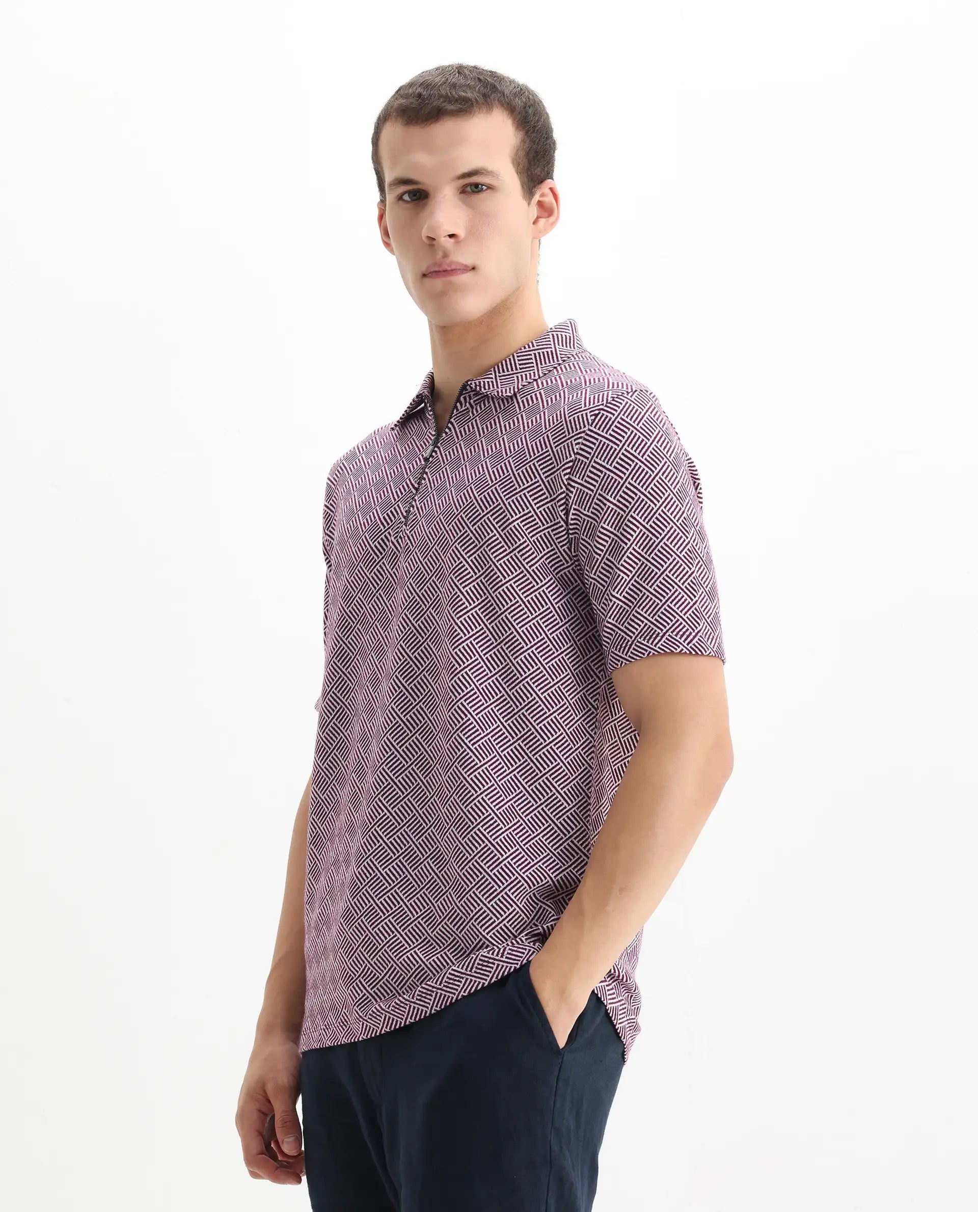 Rare Rabbit Men's Cabetta Dark Purple Cotton Jacquard Regular Fit Half Sleeve Polo