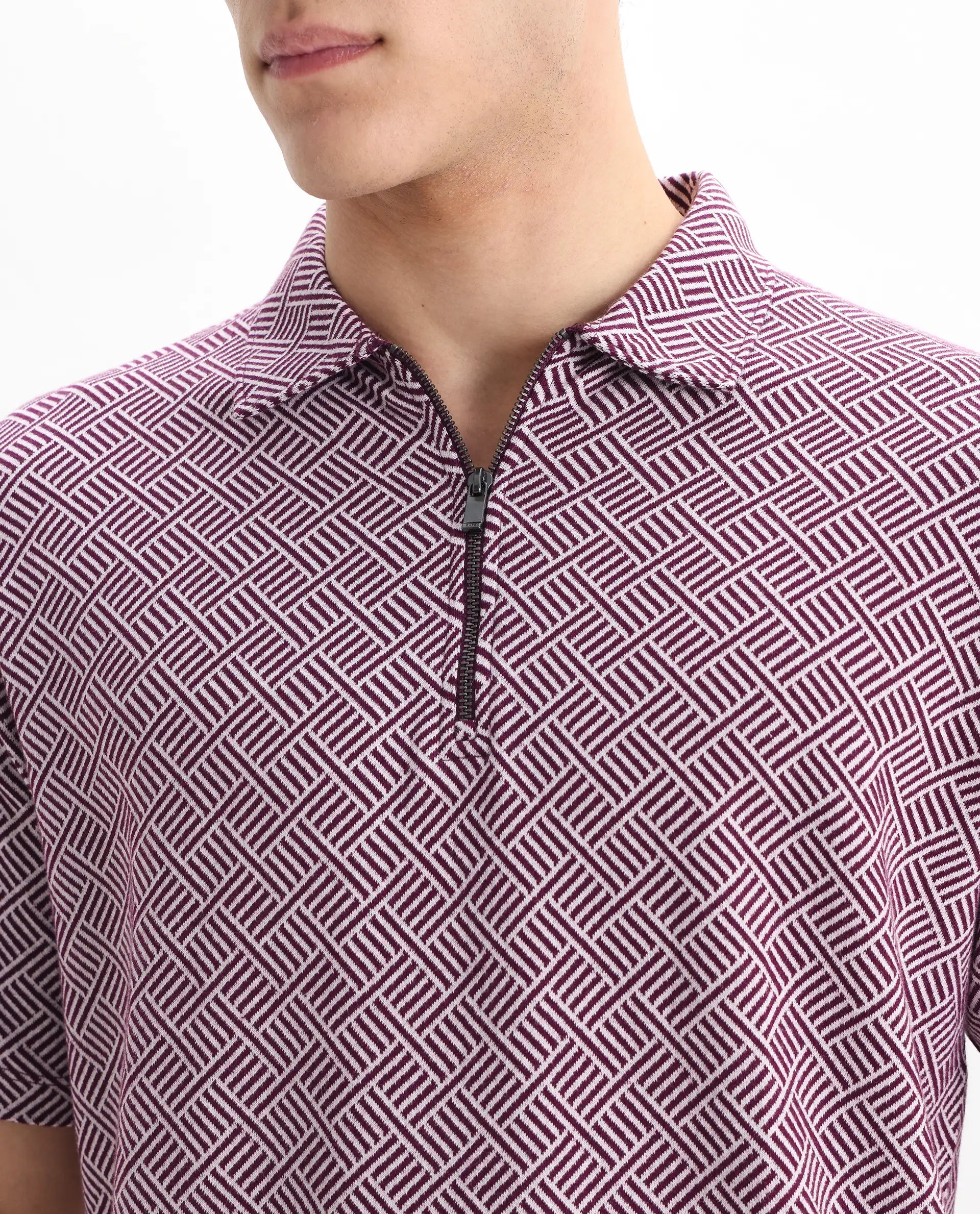 Rare Rabbit Men's Cabetta Dark Purple Cotton Jacquard Regular Fit Half Sleeve Polo