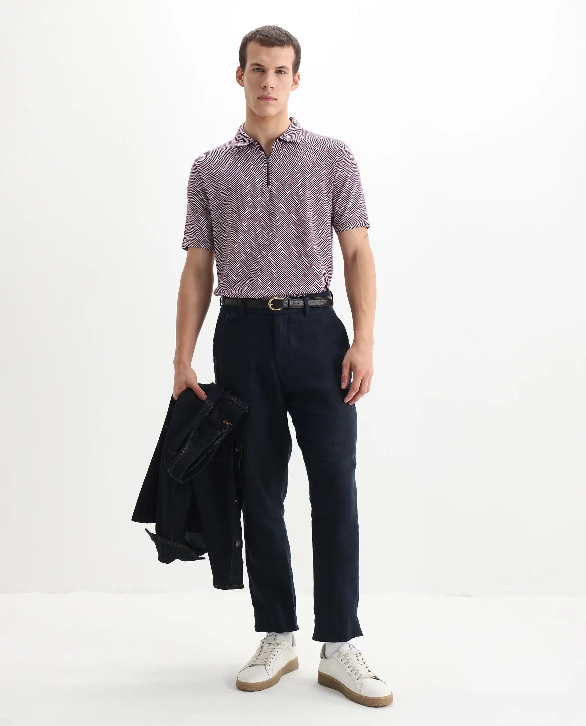 Rare Rabbit Men's Cabetta Dark Purple Cotton Jacquard Regular Fit Half Sleeve Polo