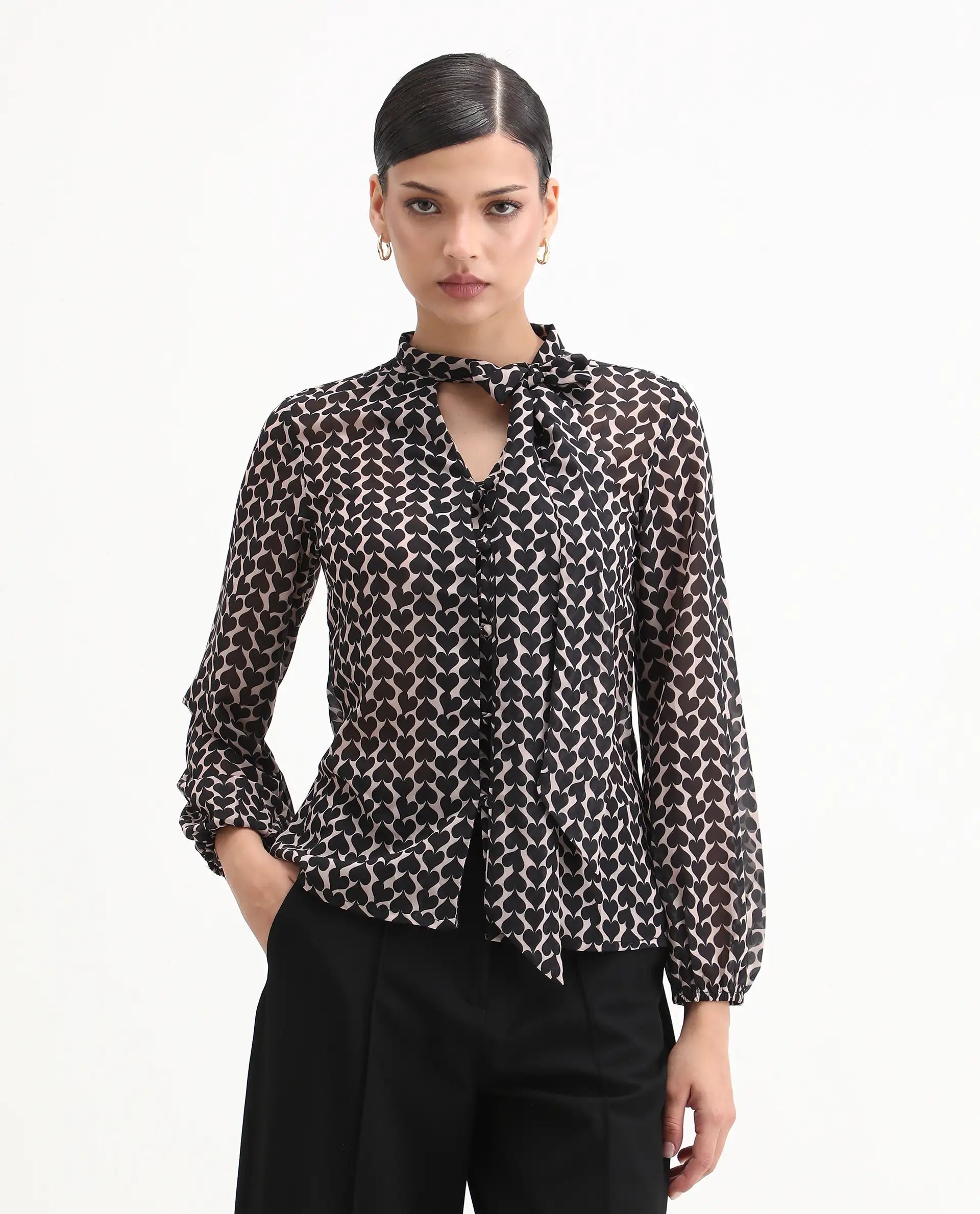 Rareism Women's Cavoi Multi Cotton Blend Tie-Up Neck Abstract Print Cuffed Sleeve Regular Fit Top