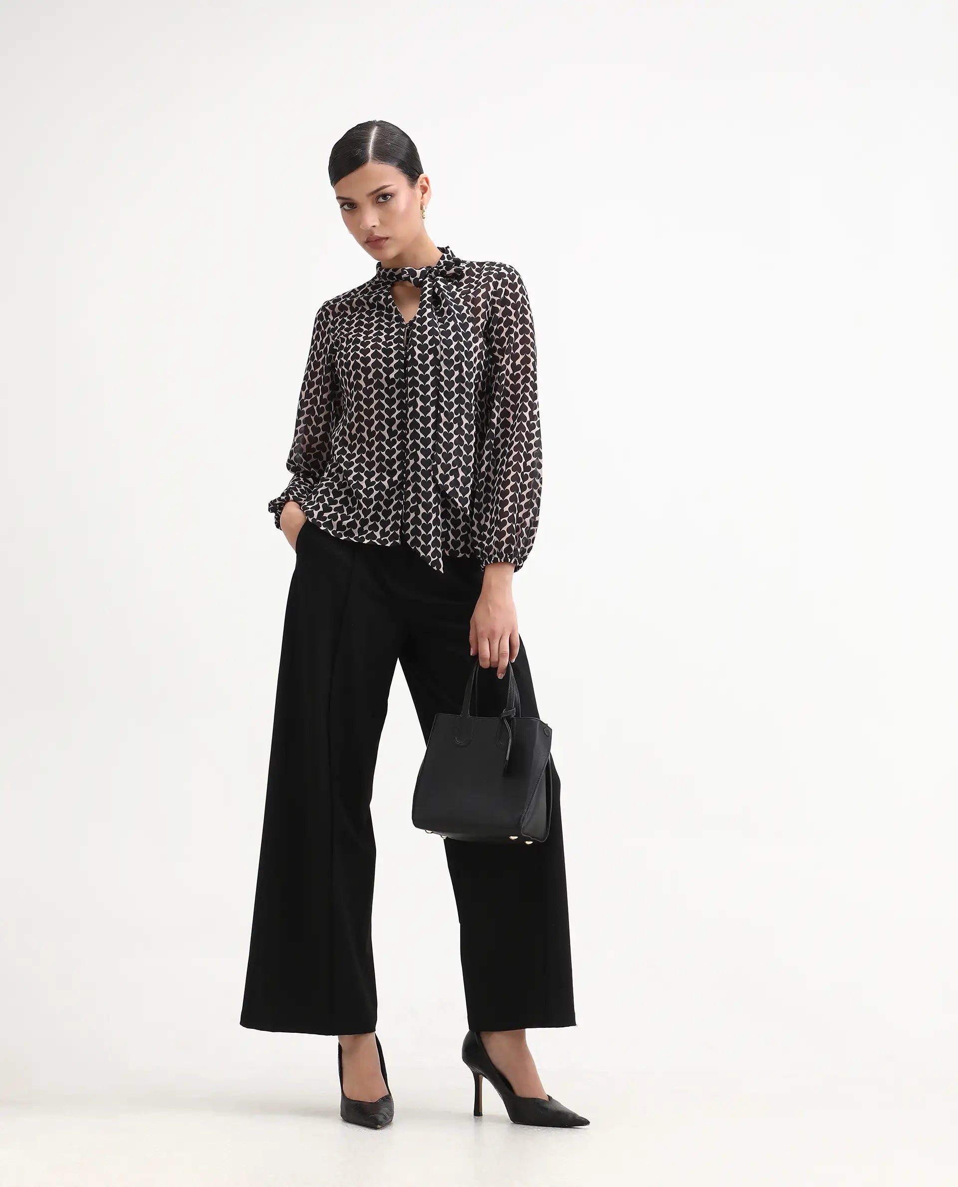 Rareism Women's Cavoi Multi Cotton Blend Tie-Up Neck Abstract Print Cuffed Sleeve Regular Fit Top