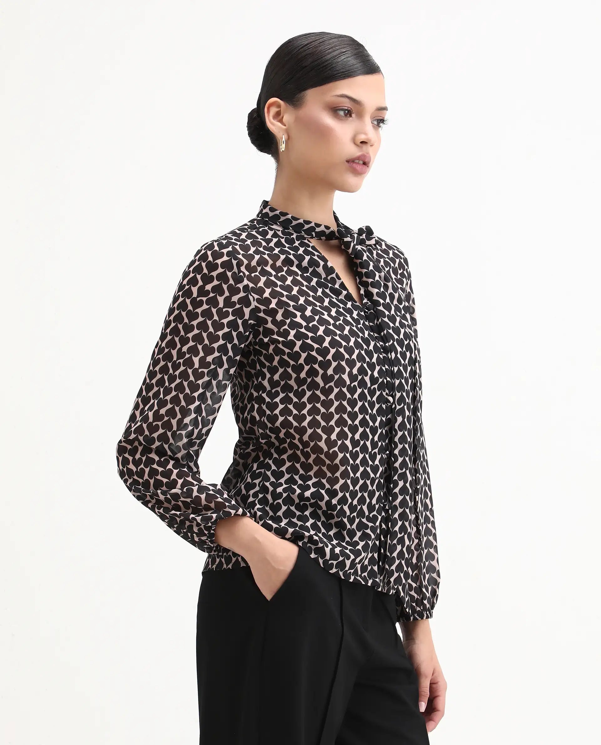 Rareism Women's Cavoi Multi Cotton Blend Tie-Up Neck Abstract Print Cuffed Sleeve Regular Fit Top