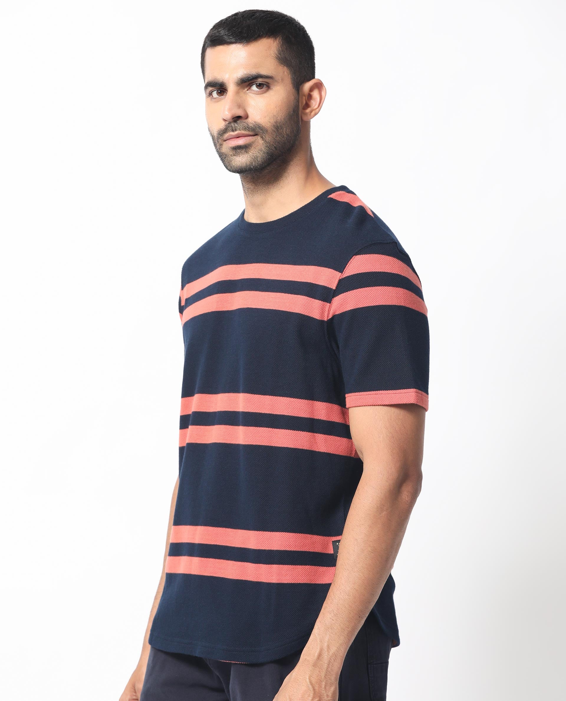 Rare Rabbit Men's Cachos Dark Navy Crew Neck Half Sleeves All Over Stripe T-Shirt