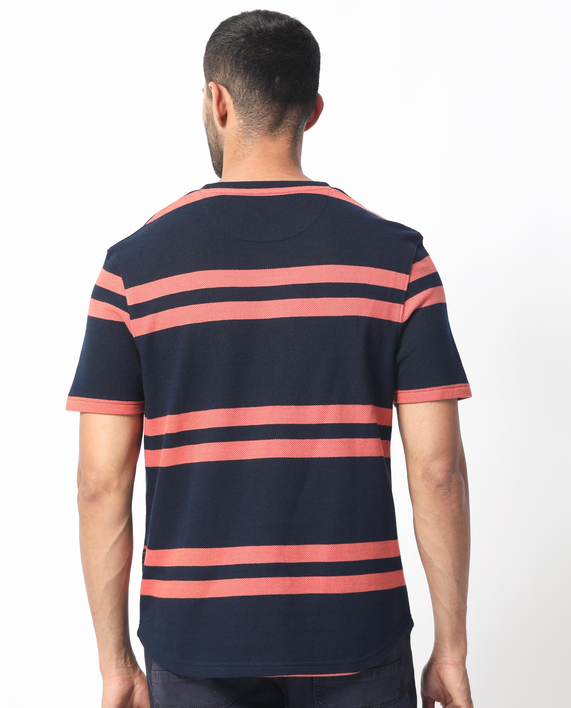 Rare Rabbit Men's Cachos Dark Navy Crew Neck Half Sleeves All Over Stripe T-Shirt