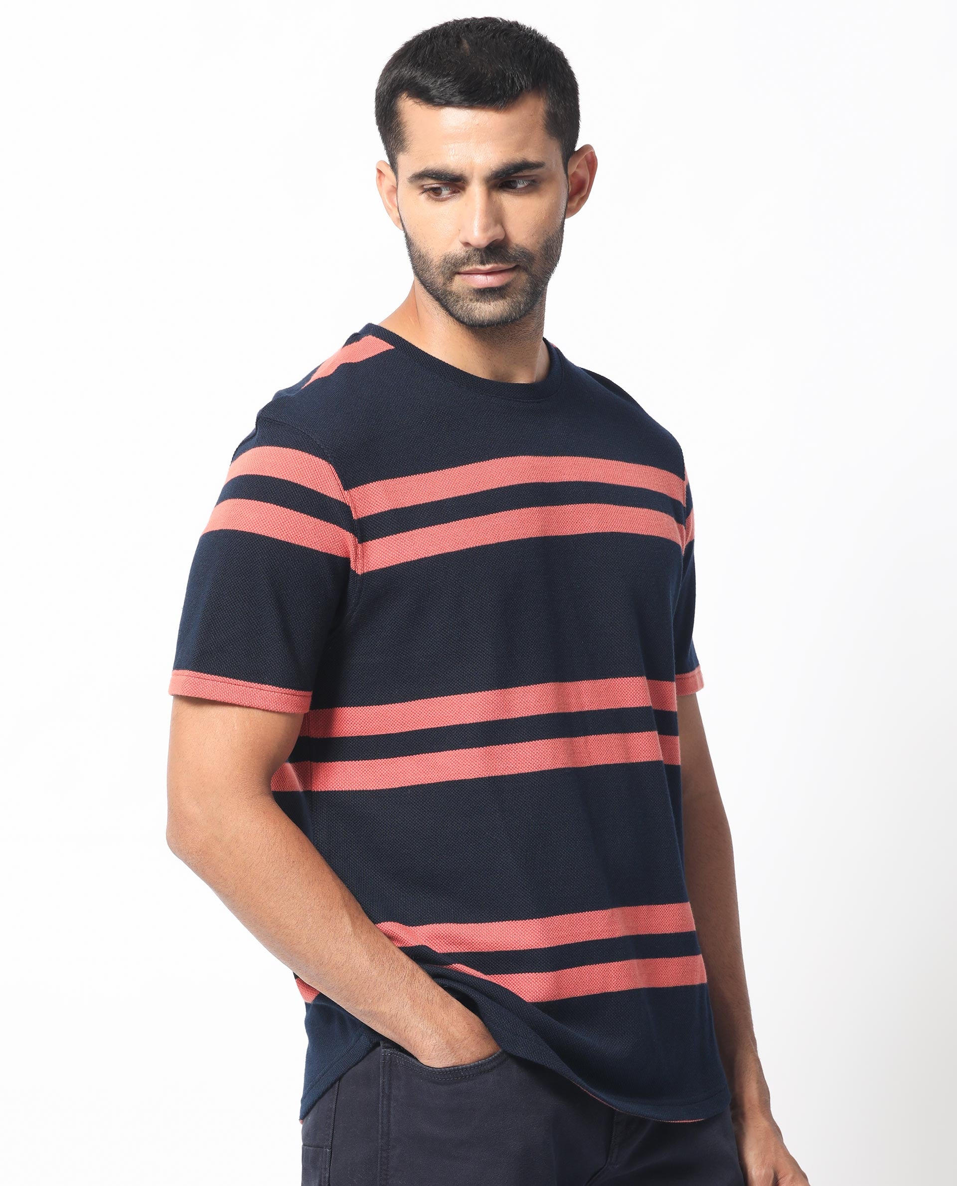 Rare Rabbit Men's Cachos Dark Navy Crew Neck Half Sleeves All Over Stripe T-Shirt