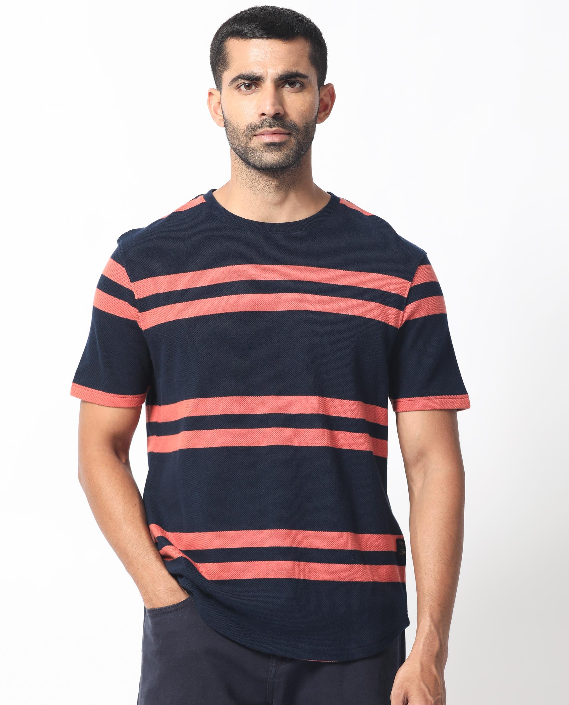 Rare Rabbit Men's Cachos Dark Navy Crew Neck Half Sleeves All Over Stripe T-Shirt