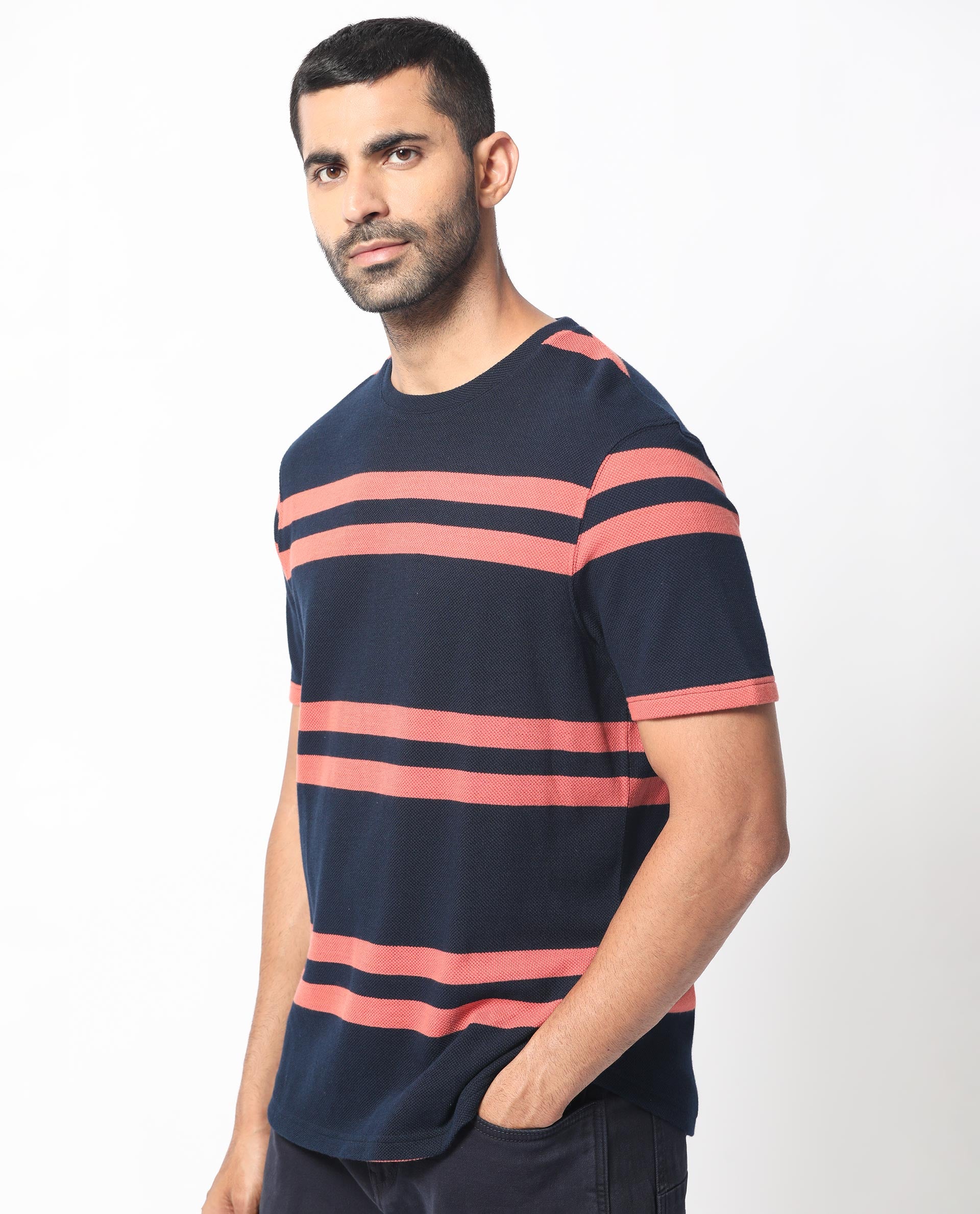 Rare Rabbit Men's Cachos Dark Navy Crew Neck Half Sleeves All Over Stripe T-Shirt