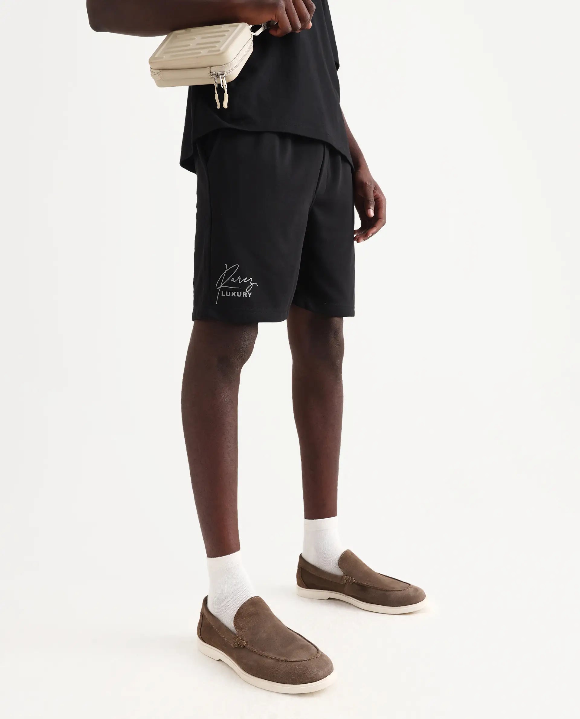 Rare Rabbit Men's Cade-B Black Cotton Typography Print Oversized Fit Shorts